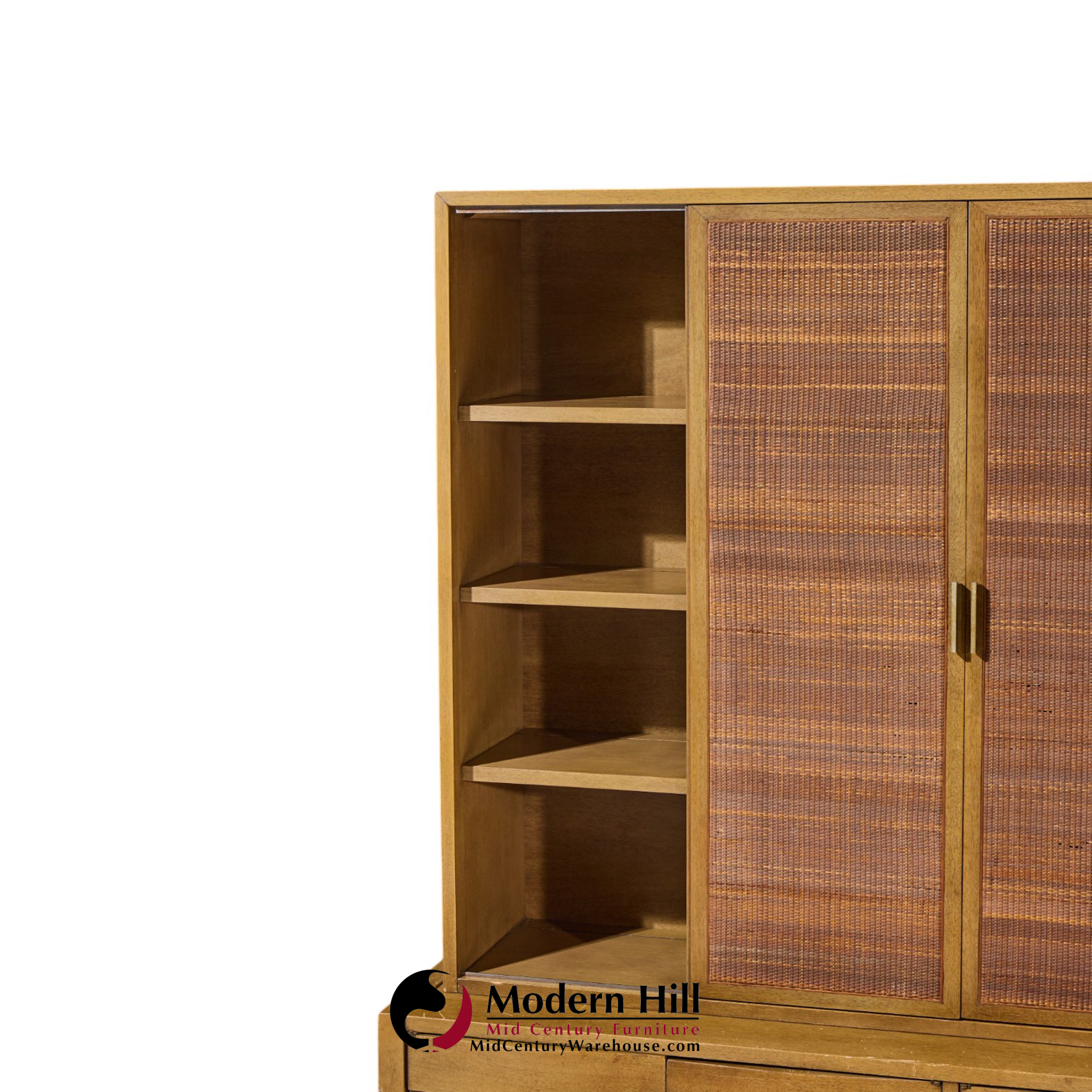 american of martinsville mid century walnut and cane credenza with hutch