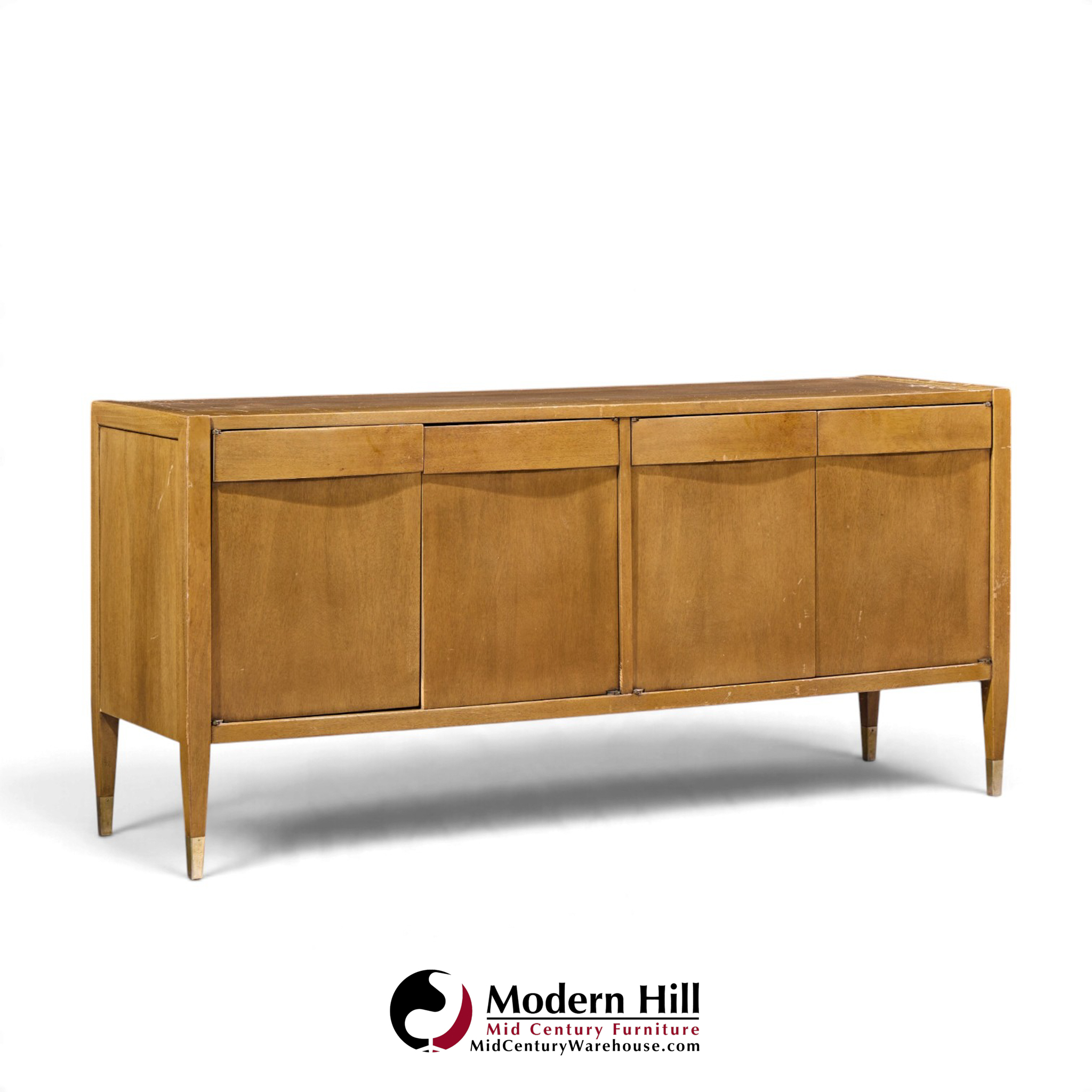 american of martinsville mid century walnut and cane credenza with hutch