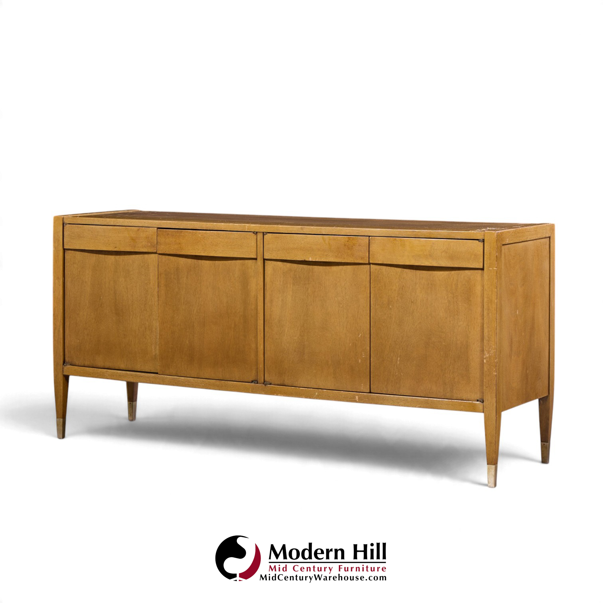 american of martinsville mid century walnut and cane credenza with hutch