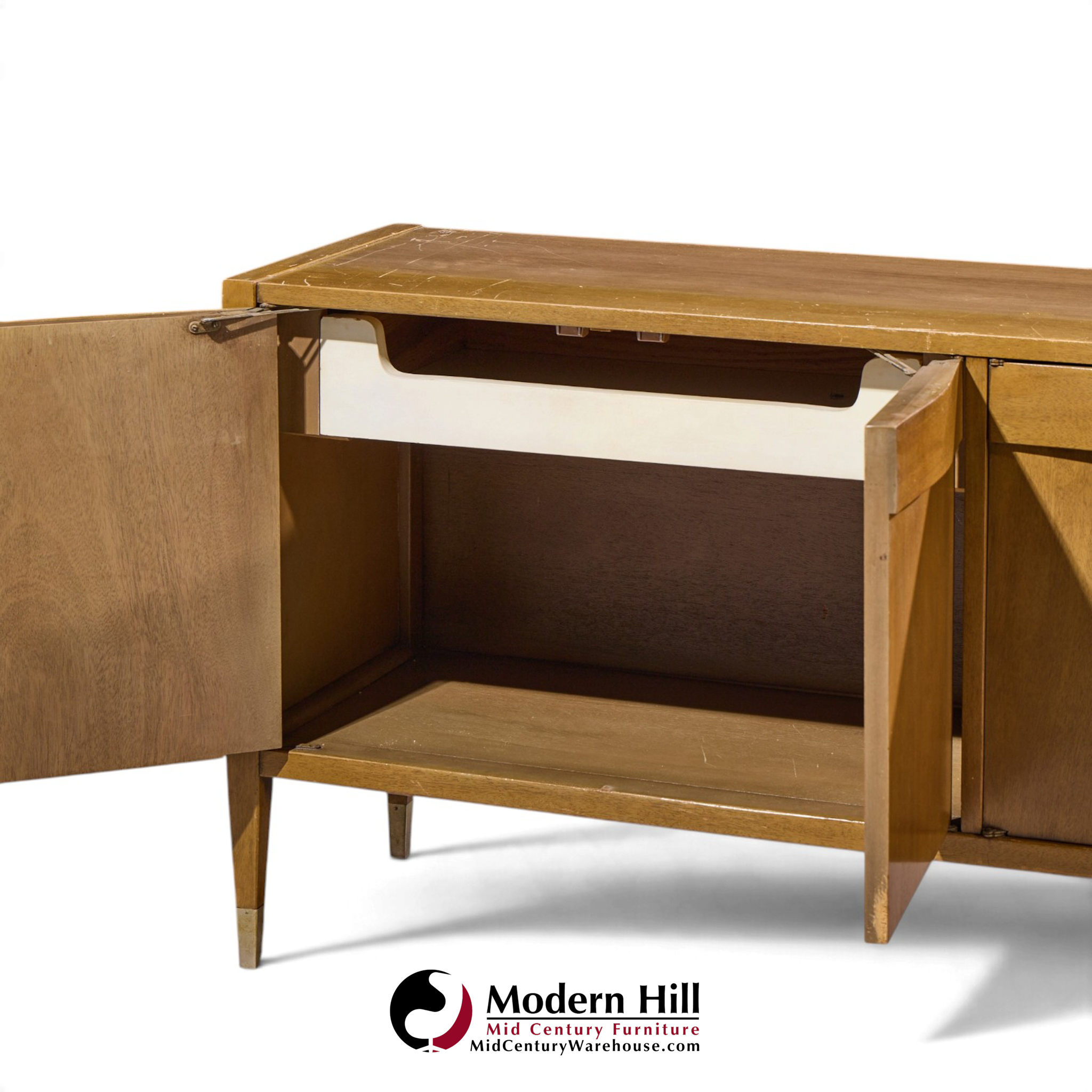 american of martinsville mid century walnut and cane credenza with hutch