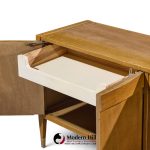 american of martinsville mid century walnut and cane credenza with hutch