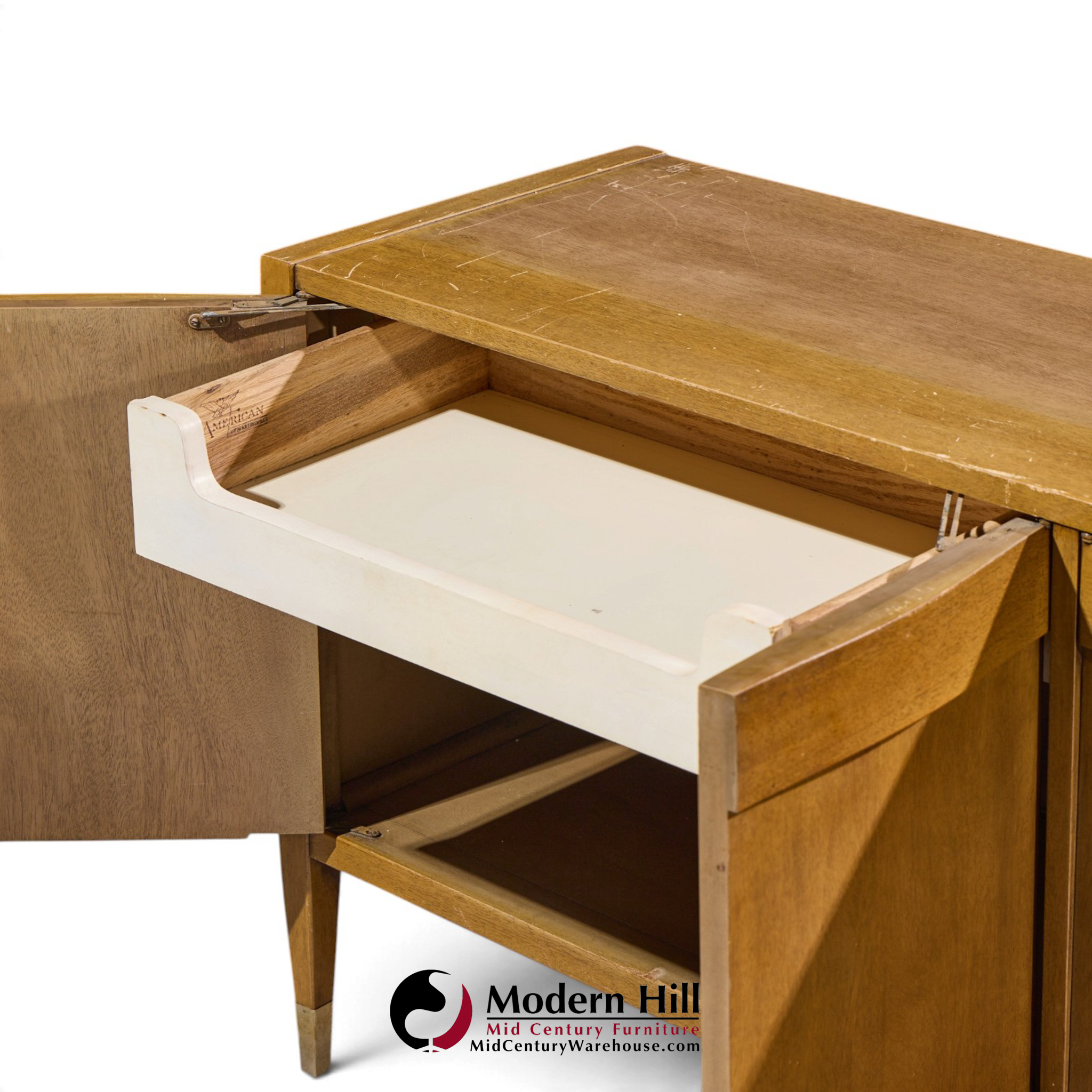 american of martinsville mid century walnut and cane credenza with hutch