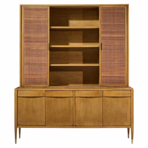 american of martinsville mid century walnut and cane credenza with hutch