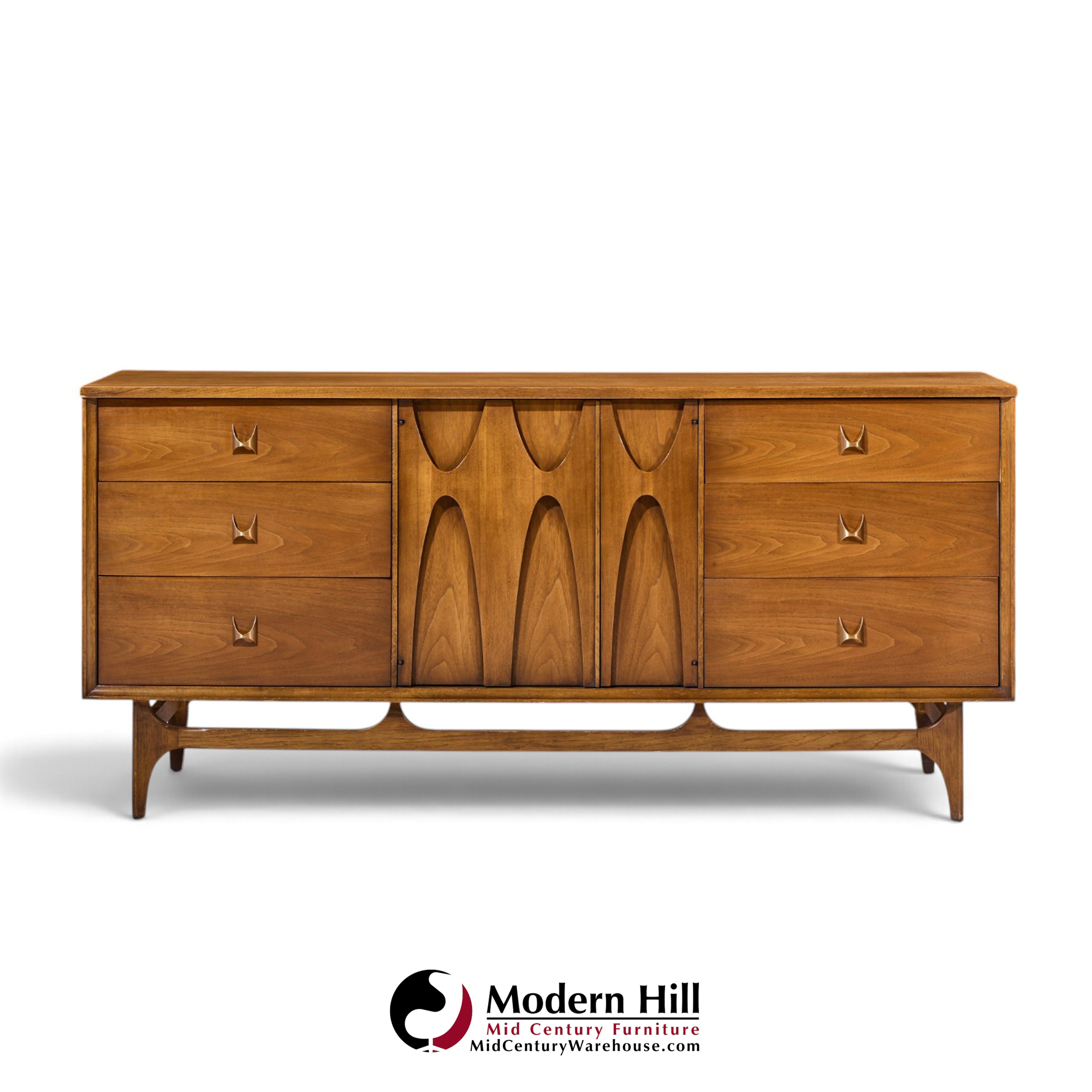 broyhill brasilia mid century walnut and brass 9 drawer lowboy dresser