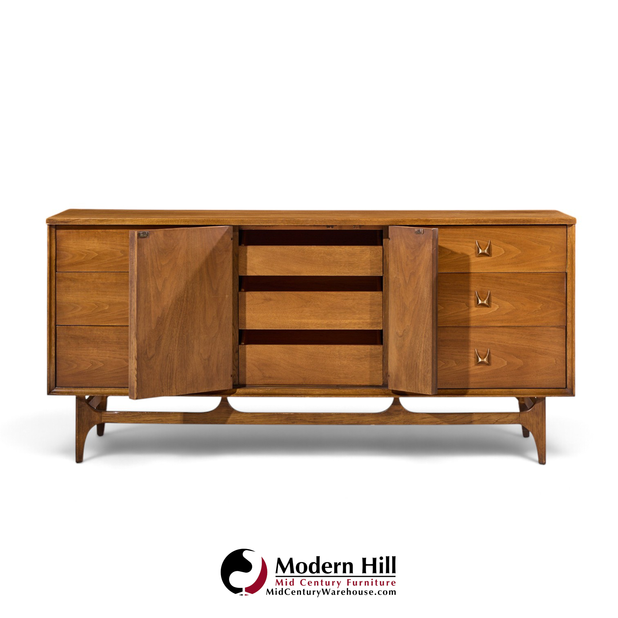 broyhill brasilia mid century walnut and brass 9 drawer lowboy dresser