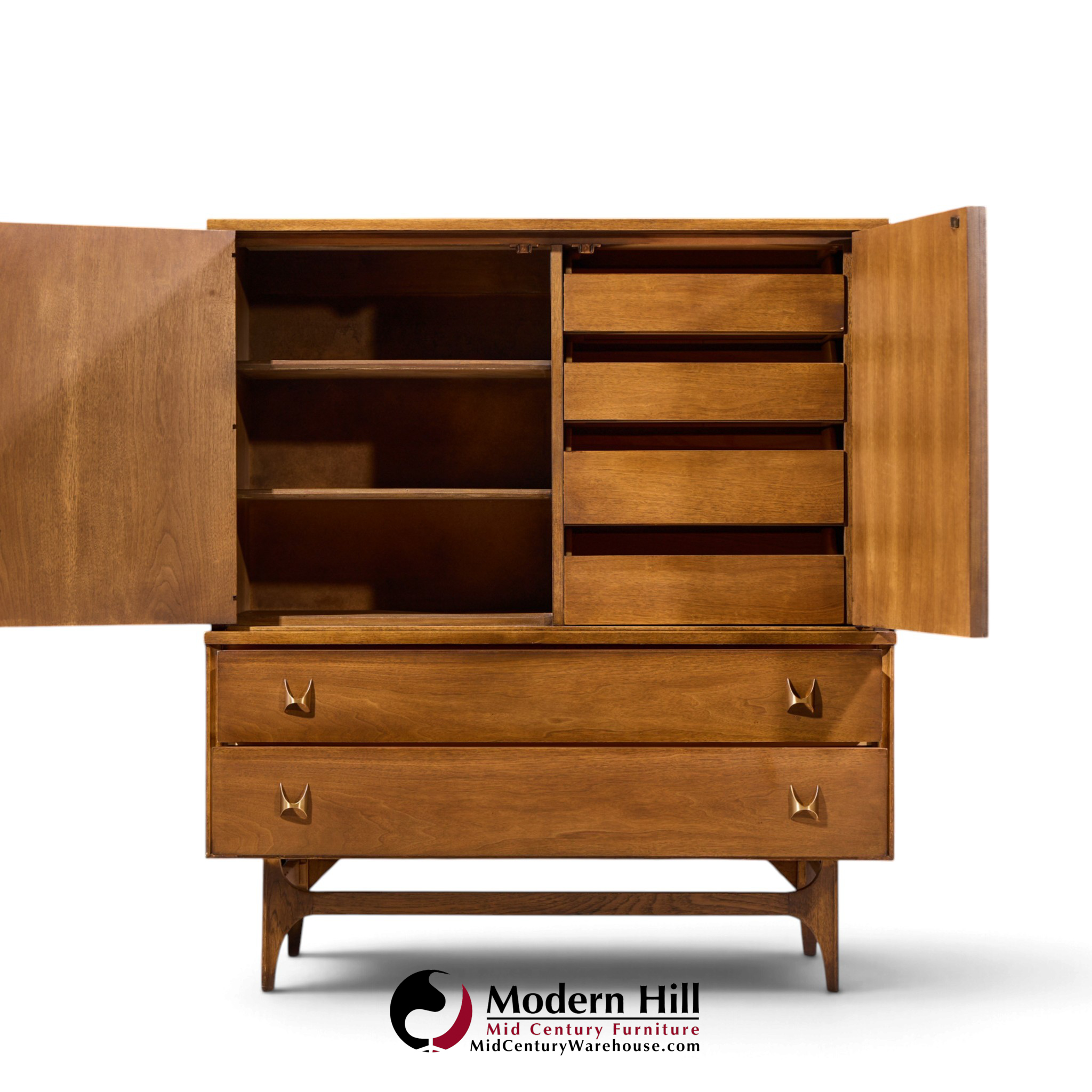 broyhill brasilia mid century walnut and brass gentleman's chest highboy dresser