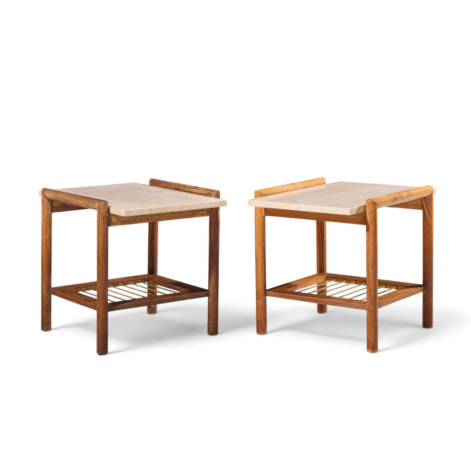 dux style mid century travertine and oak mid century side end tables - pair