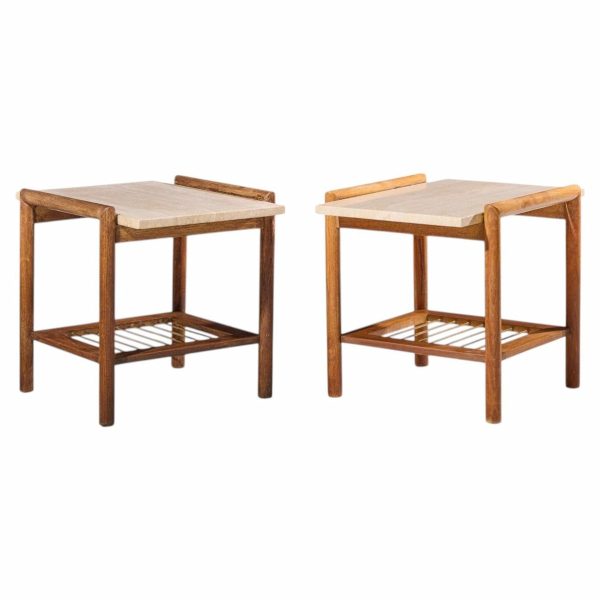 dux style mid century travertine and oak side end tables - pair