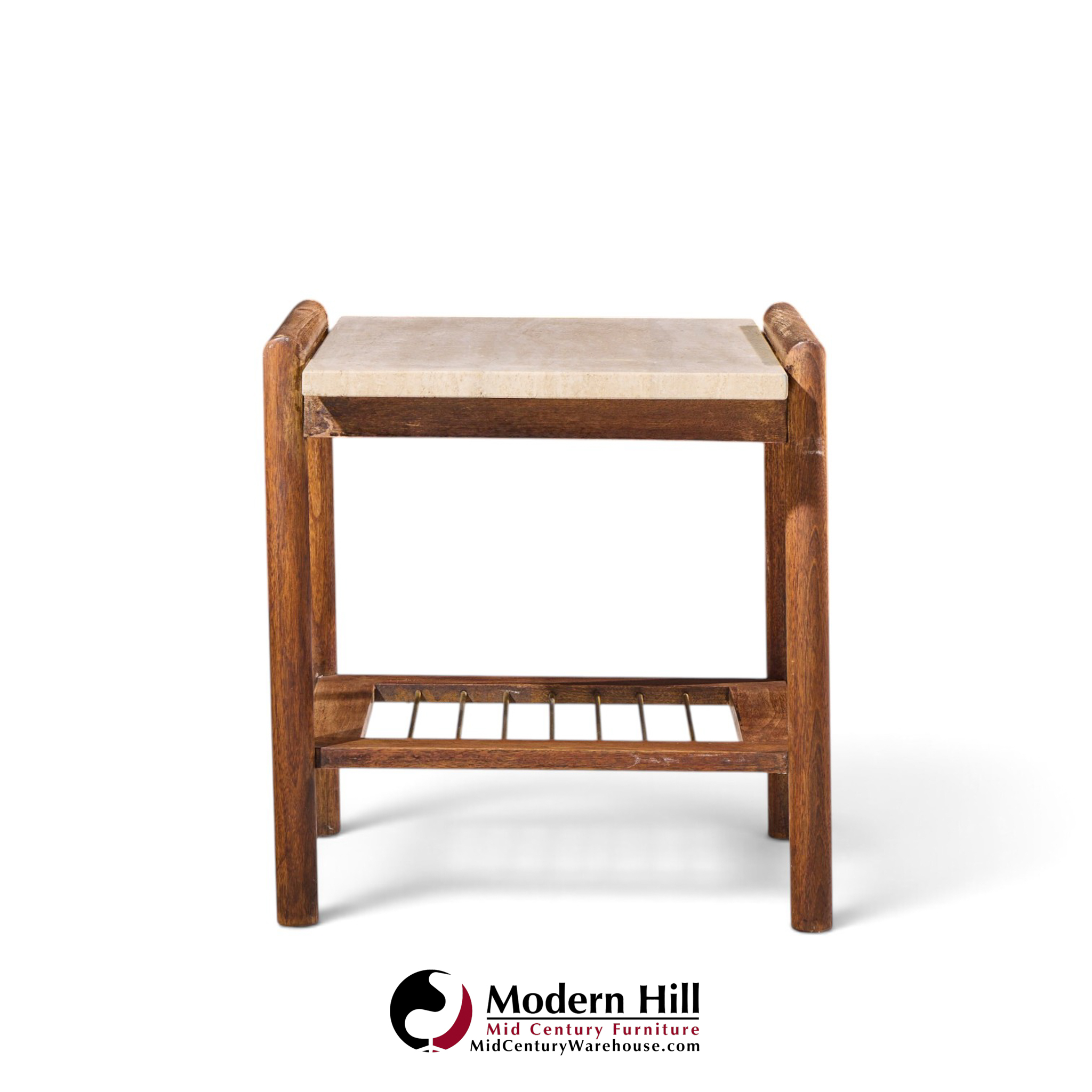 dux style mid century travertine and oak mid century side end tables - pair