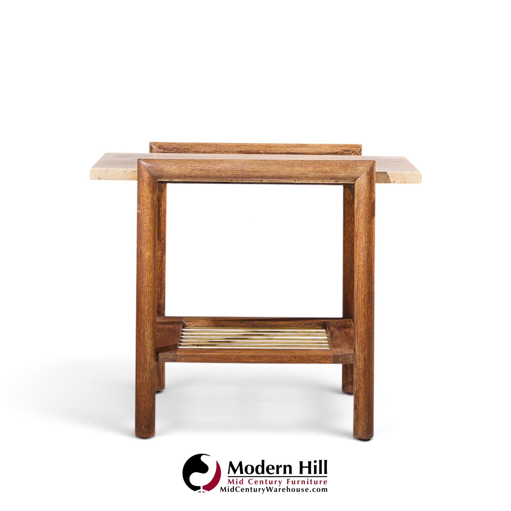 dux style mid century travertine and oak mid century side end tables - pair