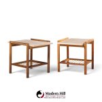 dux style mid century travertine and oak mid century side end tables - pair