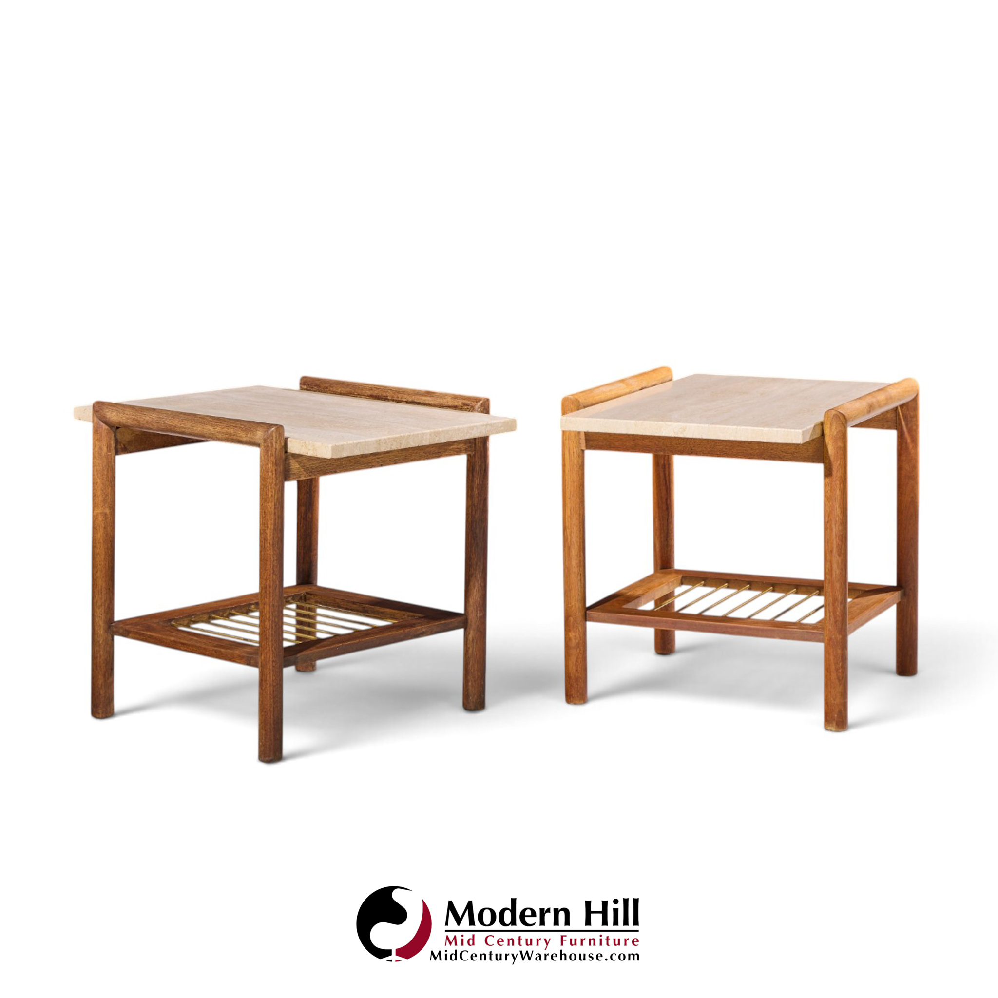 dux style mid century travertine and oak mid century side end tables - pair