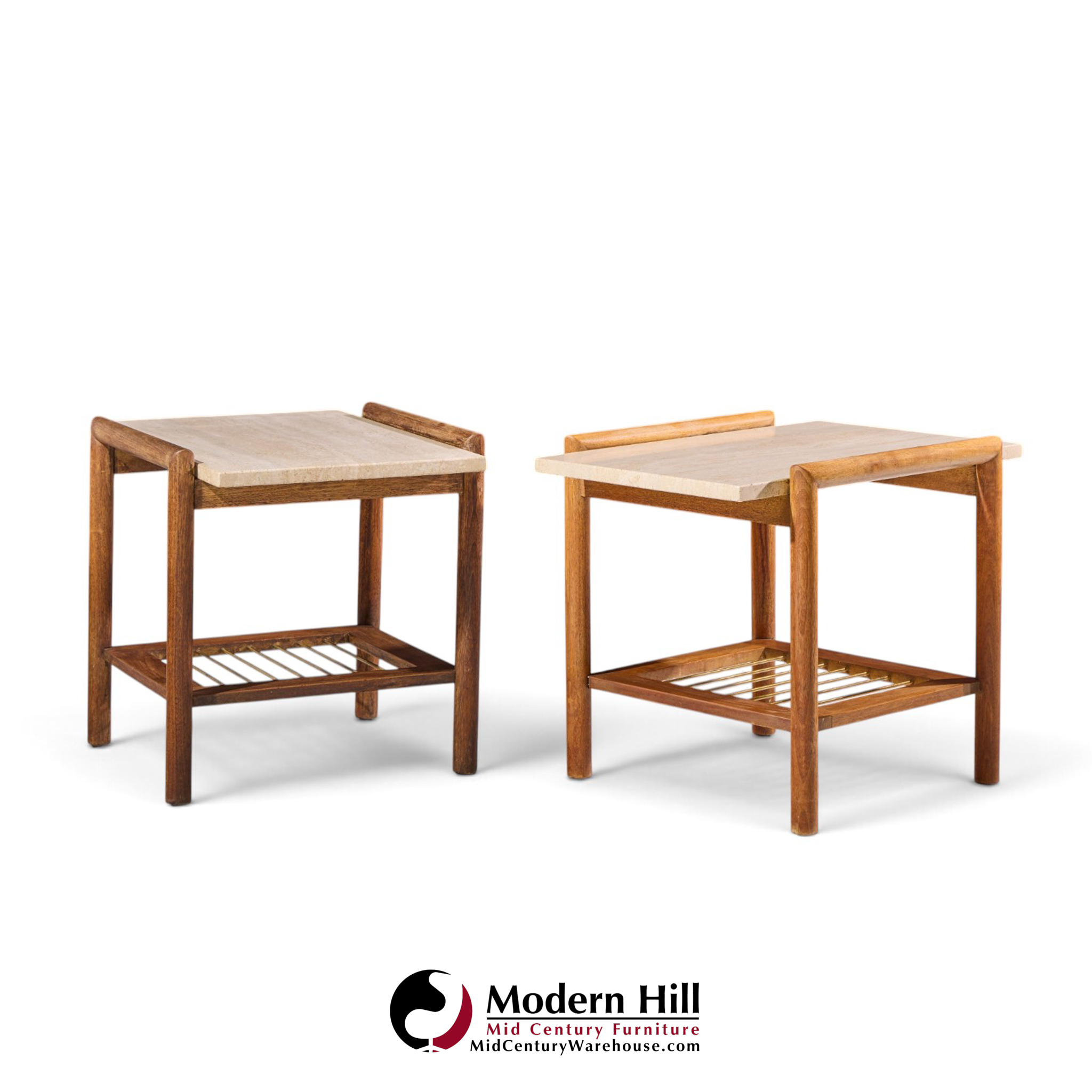 dux style mid century travertine and oak mid century side end tables - pair