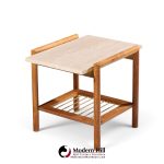 dux style mid century travertine and oak mid century side end tables - pair