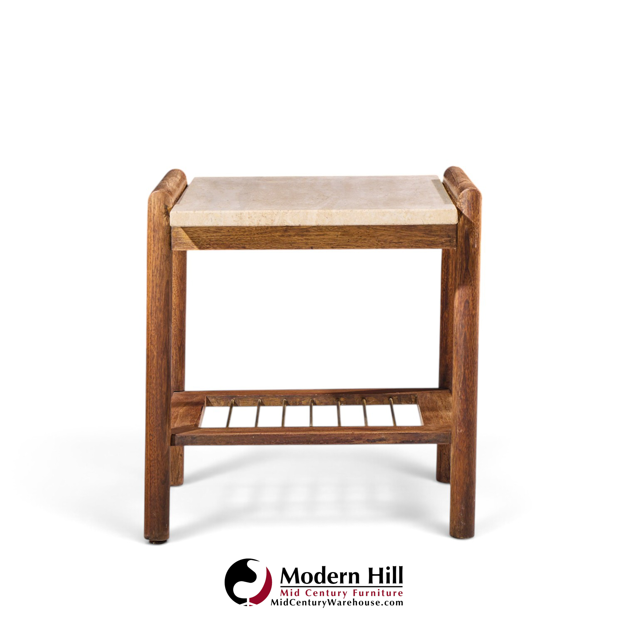 dux style mid century travertine and oak mid century side end tables - pair