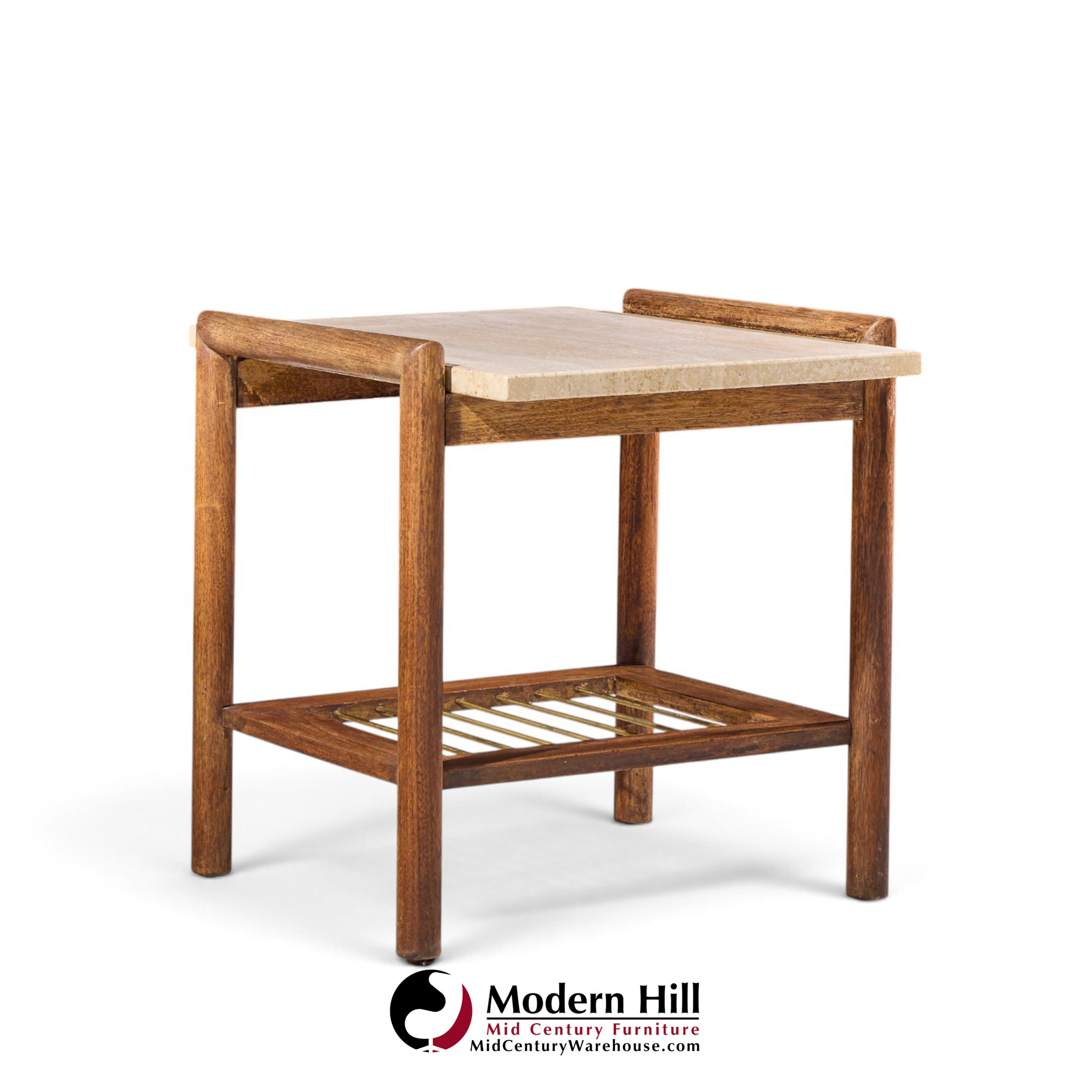 dux style mid century travertine and oak mid century side end tables - pair