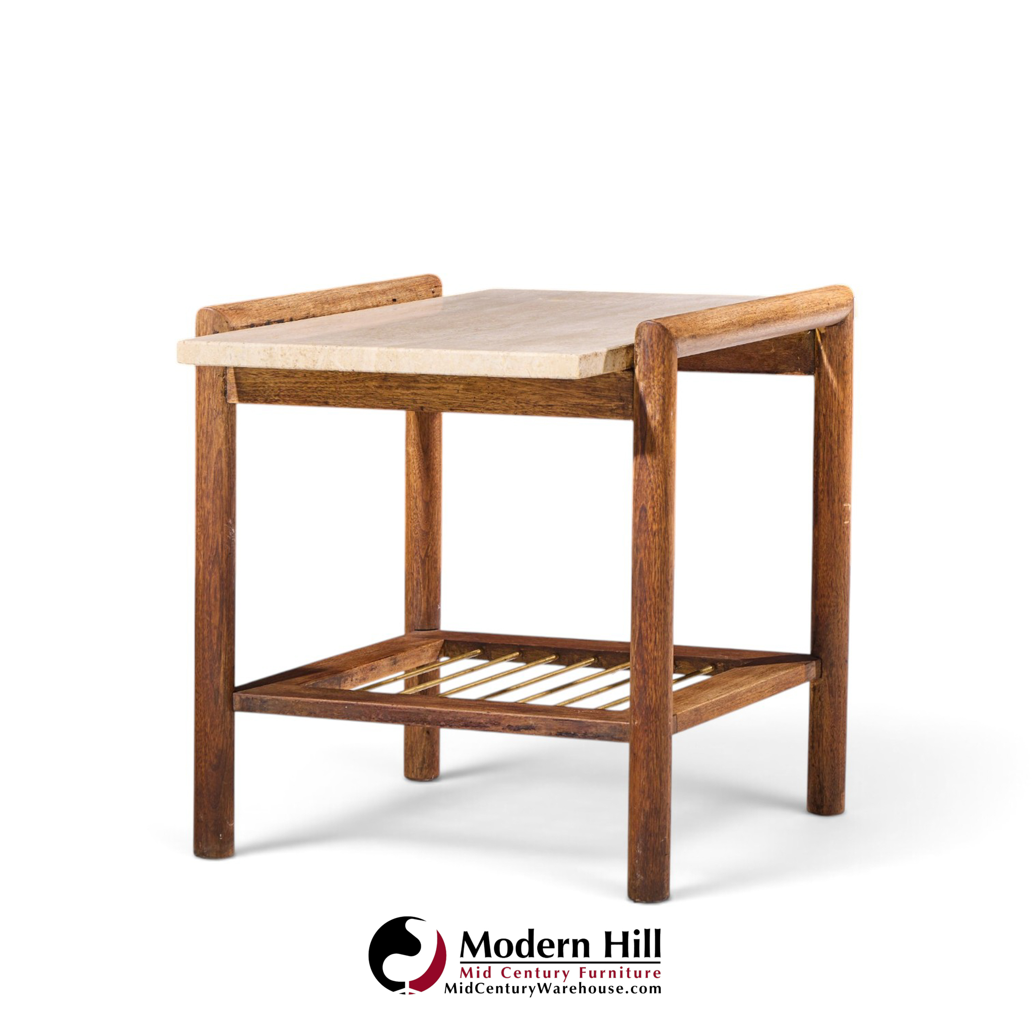 dux style mid century travertine and oak mid century side end tables - pair