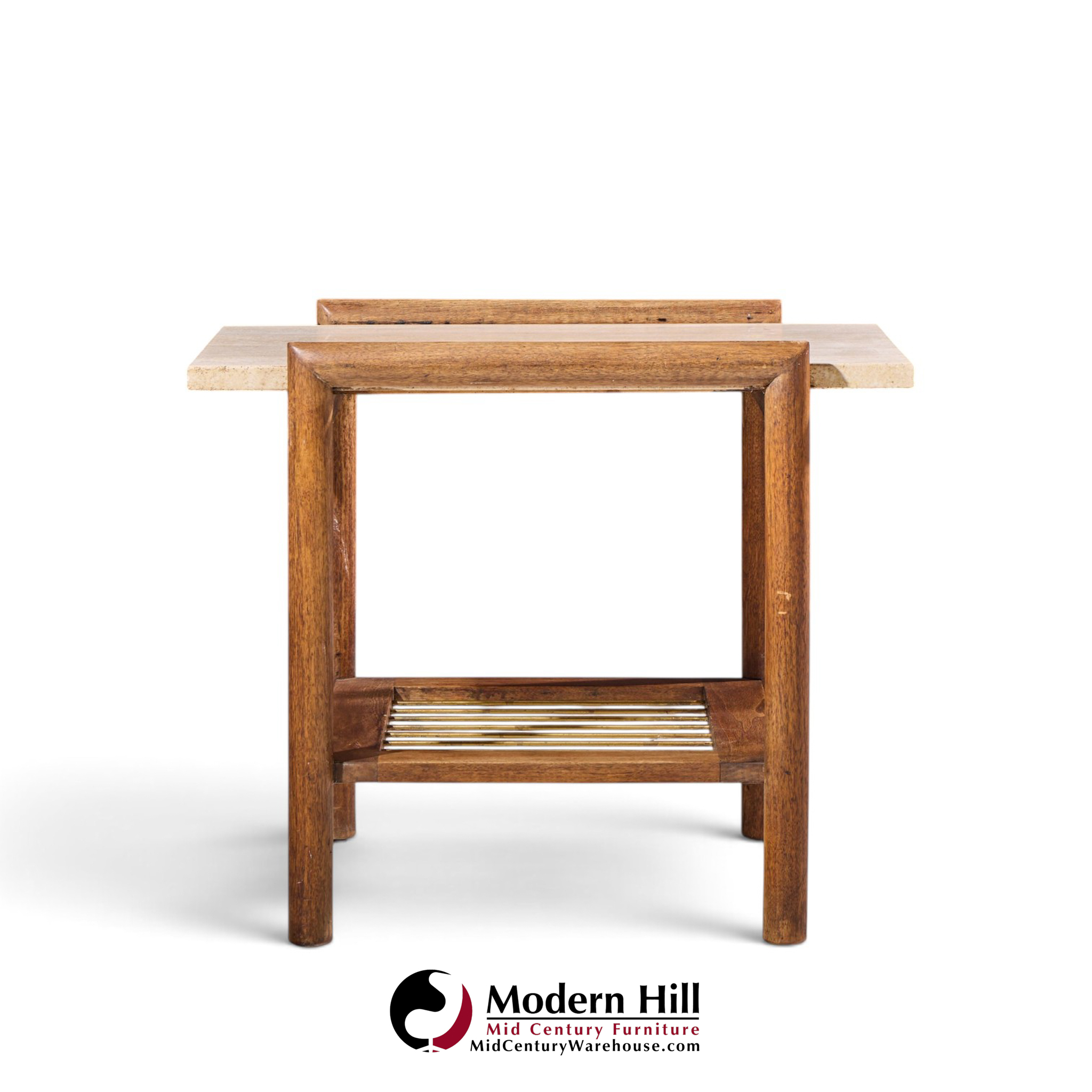 dux style mid century travertine and oak mid century side end tables - pair