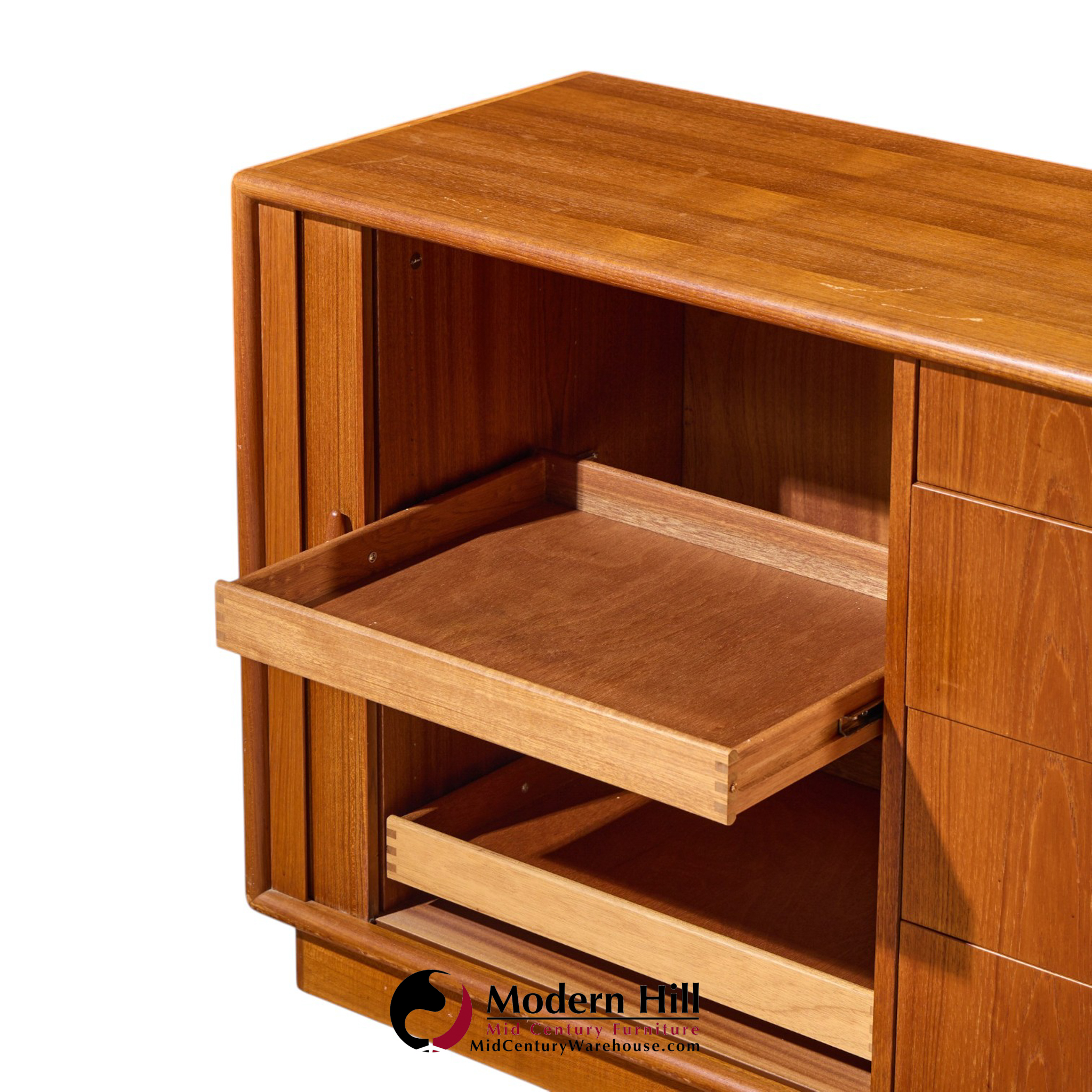 dyrlund mid century danish teak tambour door lowboy dresser