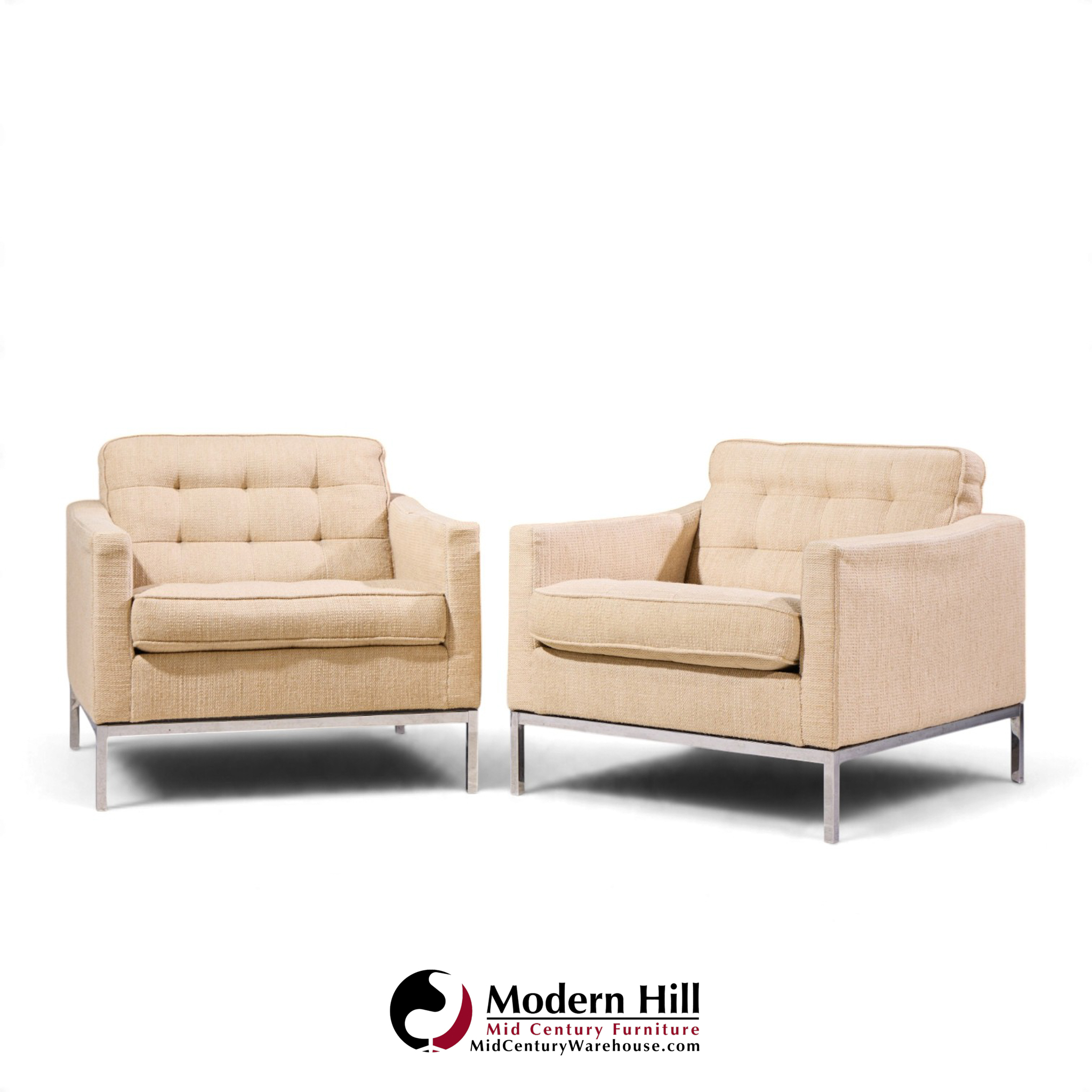 florence knoll mid century relaxed cube club lounge chairs - pair