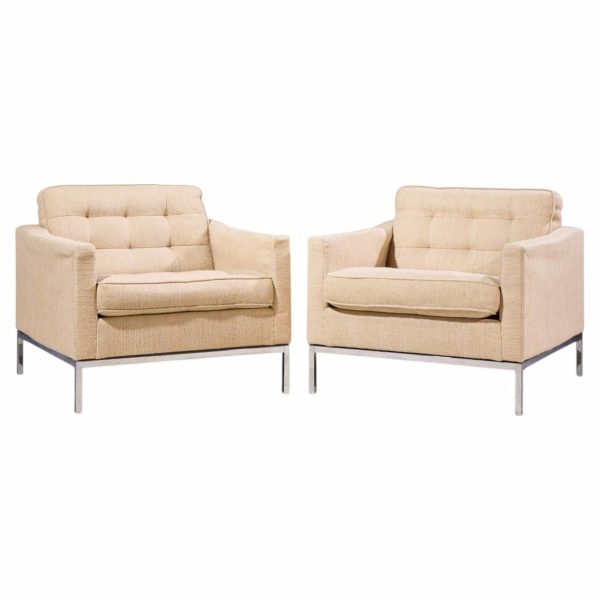 florence knoll mid century relaxed cube club lounge chairs - pair