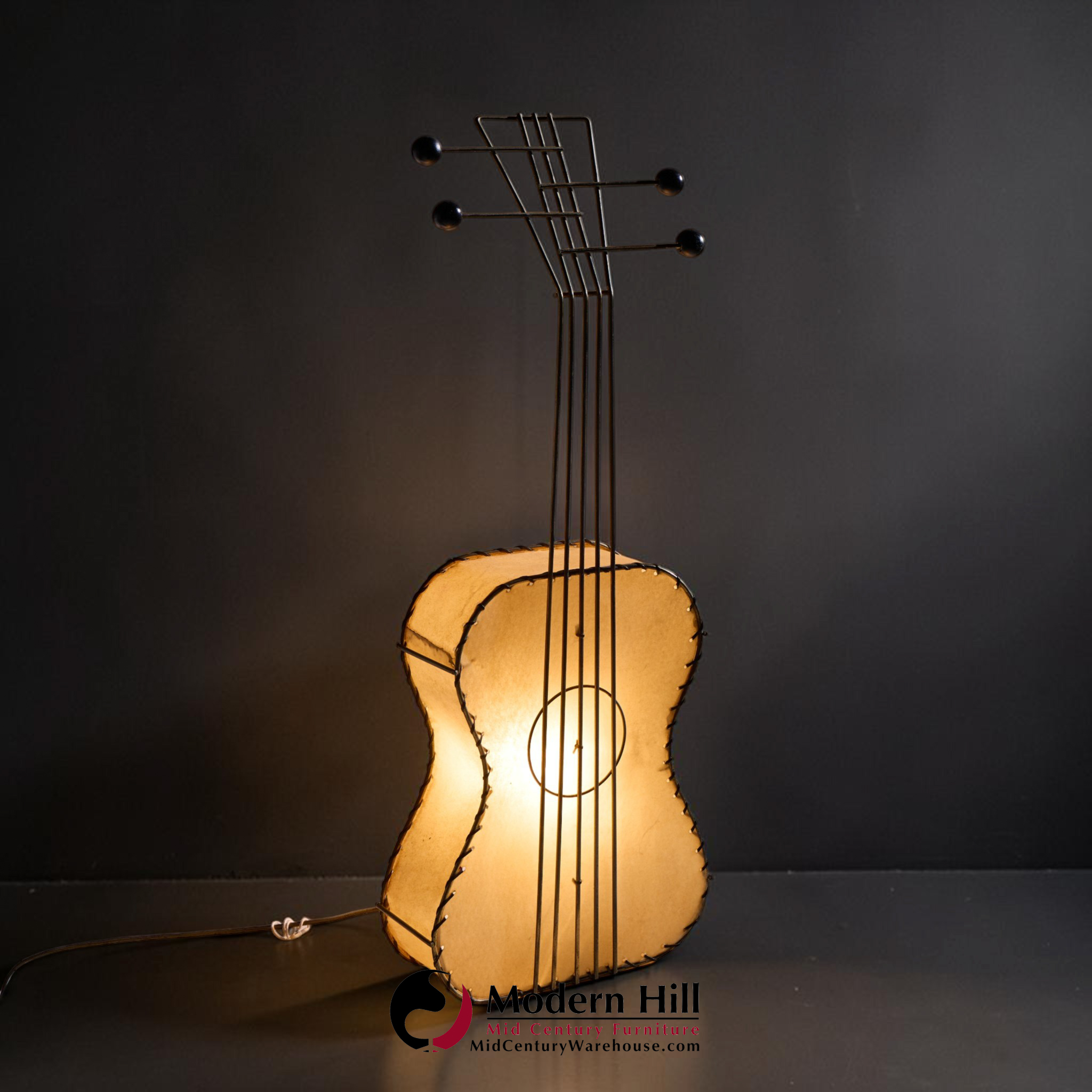 frederick weinberg mid century black wire and parchment guitar lamp