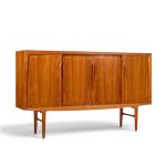 gunni omann mid century danish teak high sliding door credenza