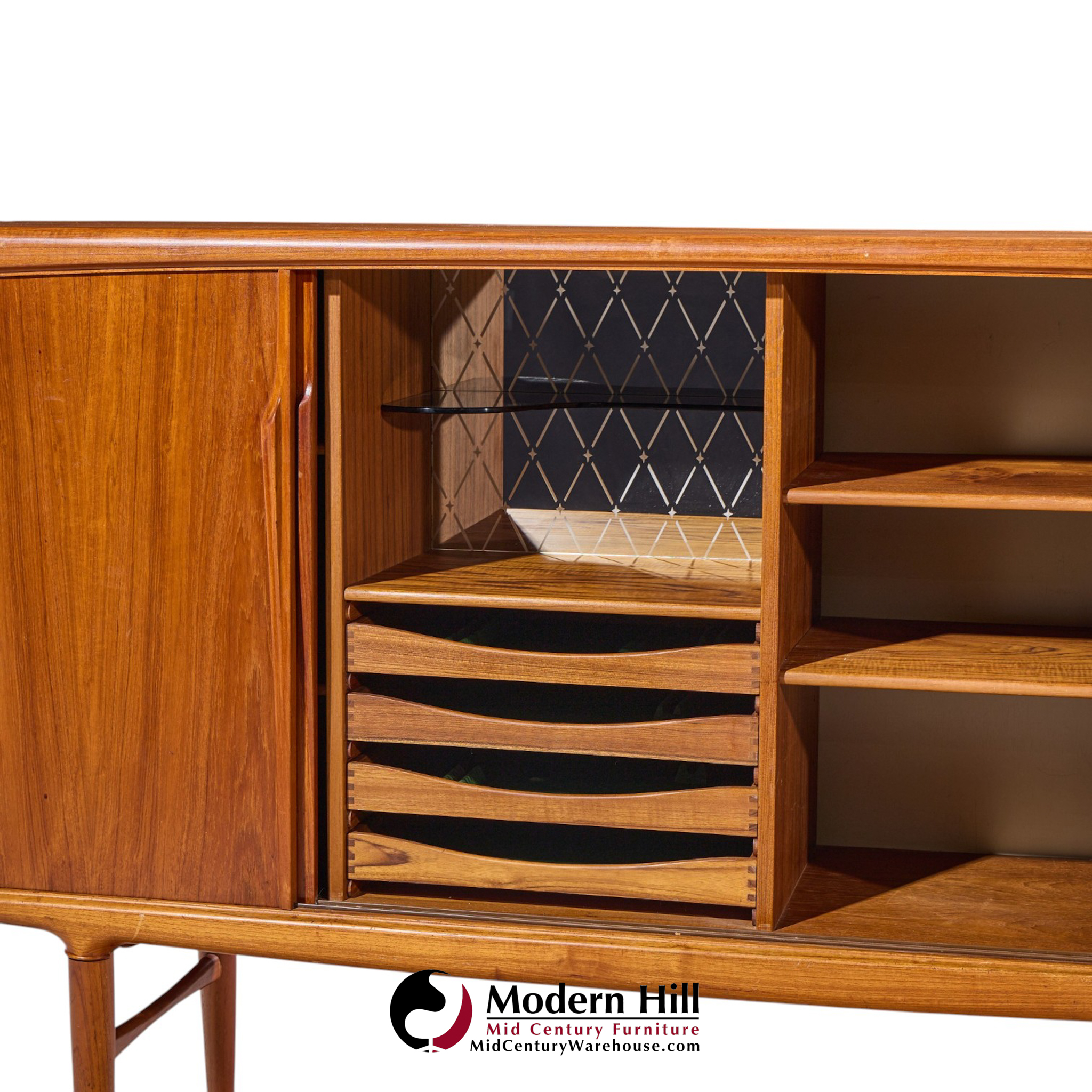 gunni omann mid century danish teak high sliding door credenza