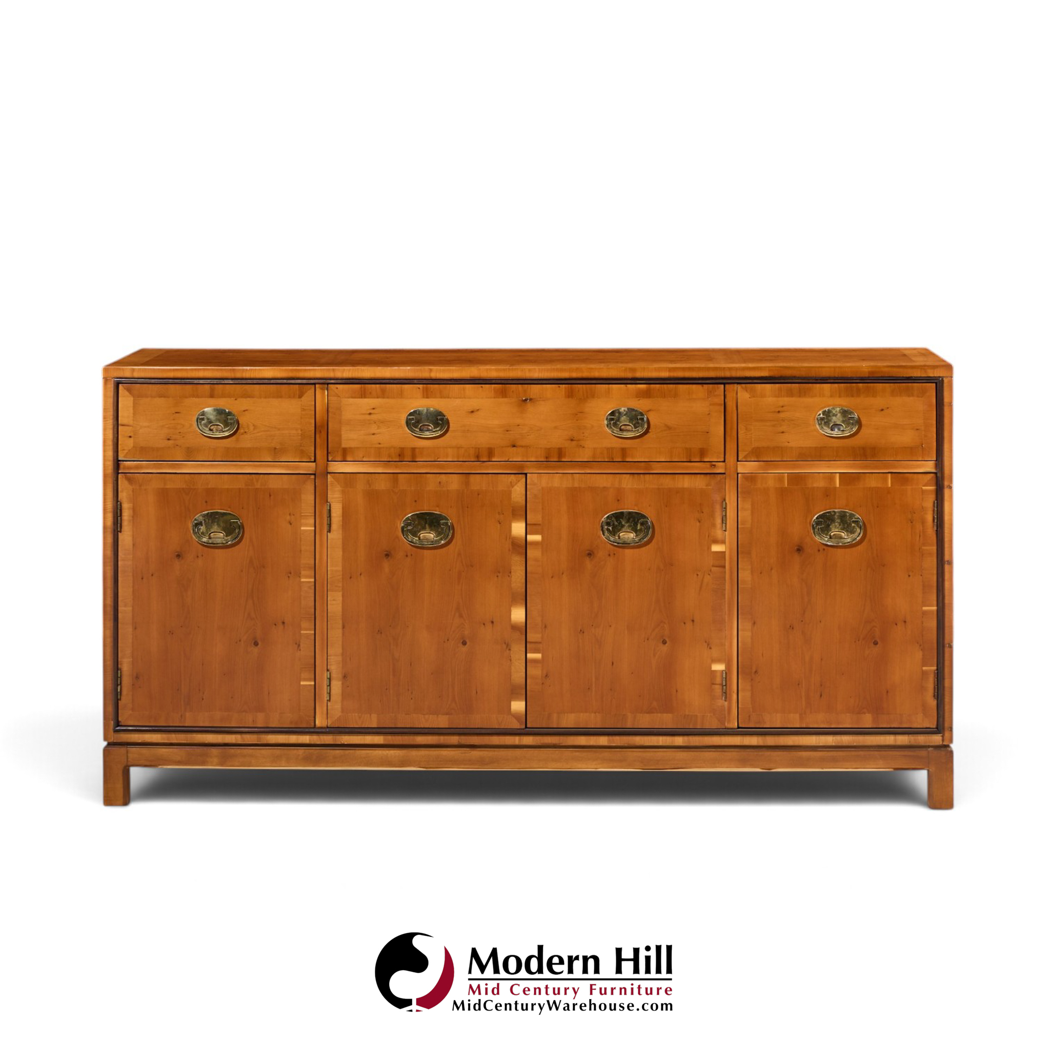 hickory manufacturing mid century walnut and brass campaign credenza