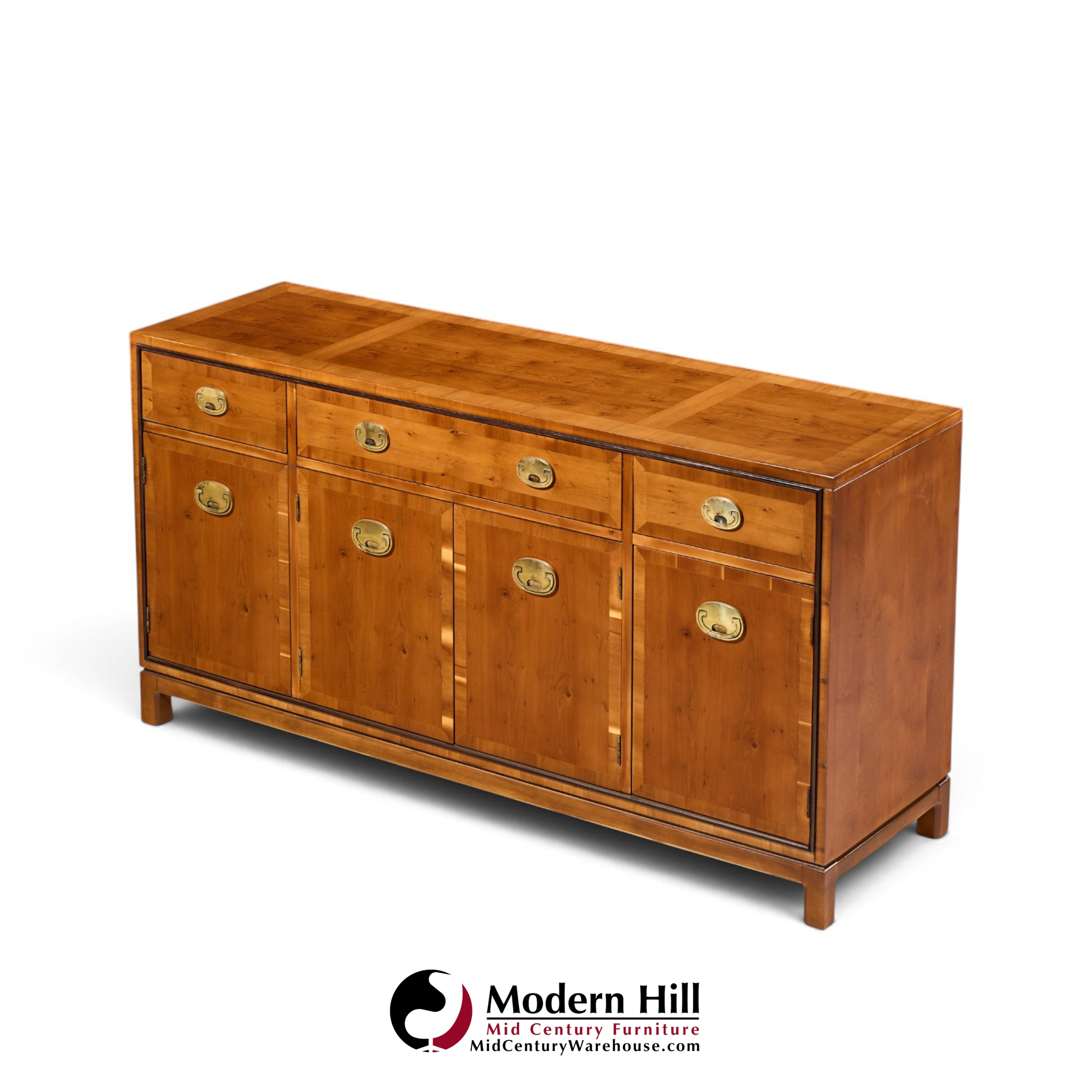 hickory manufacturing mid century walnut and brass campaign credenza