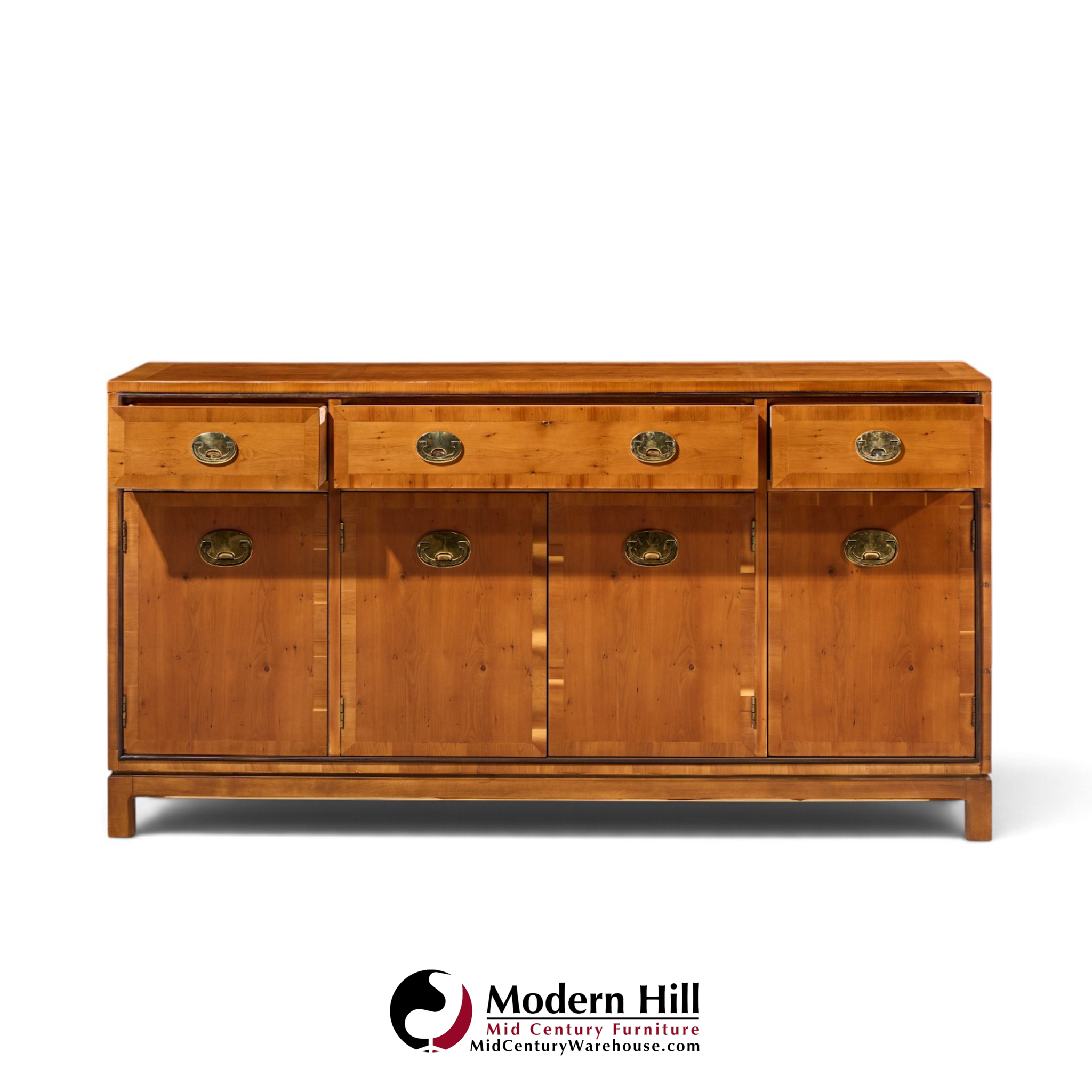 hickory manufacturing mid century walnut and brass campaign credenza
