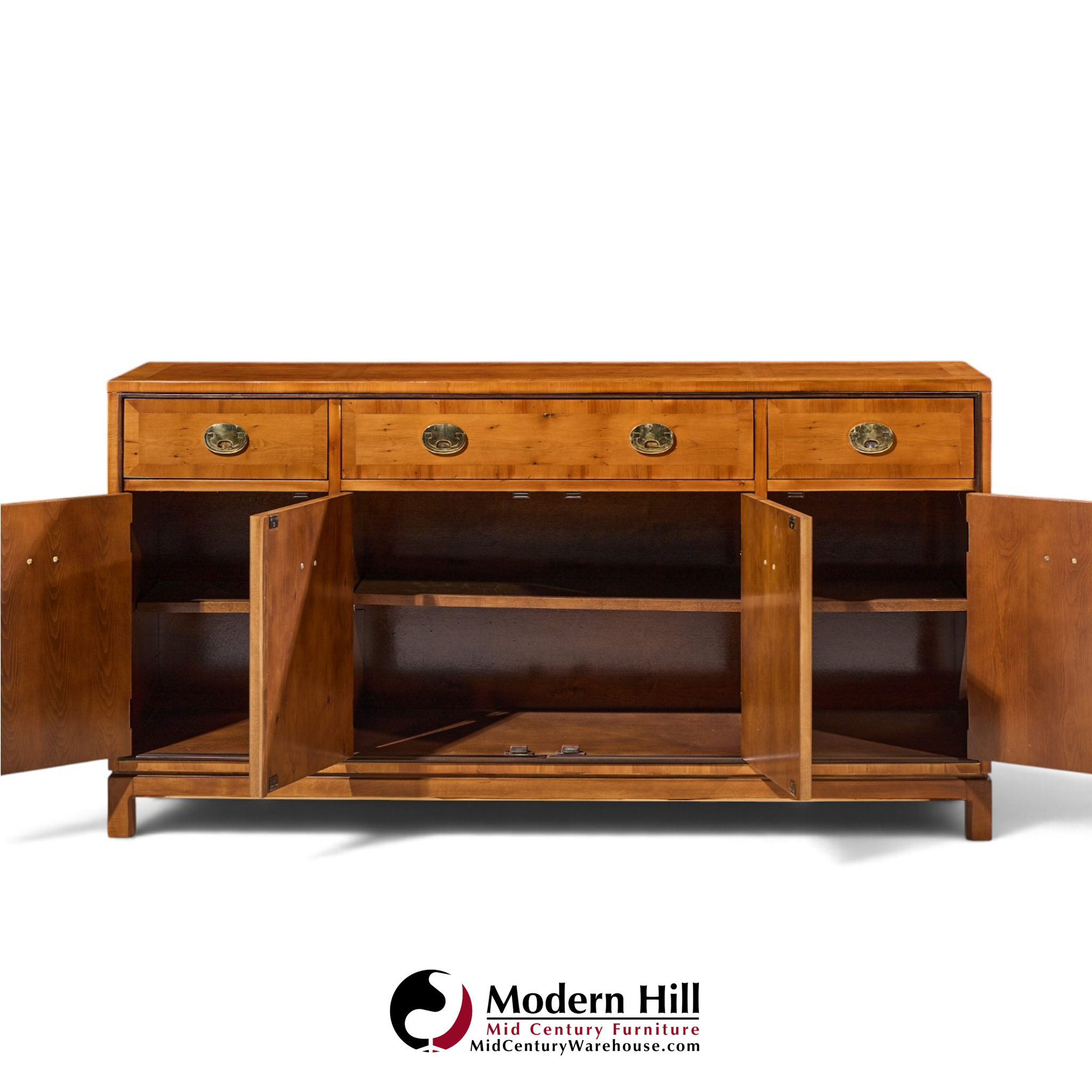 hickory manufacturing mid century walnut and brass campaign credenza