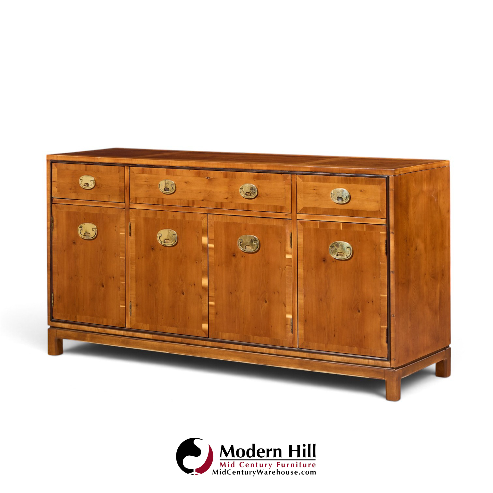 hickory manufacturing mid century walnut and brass campaign credenza