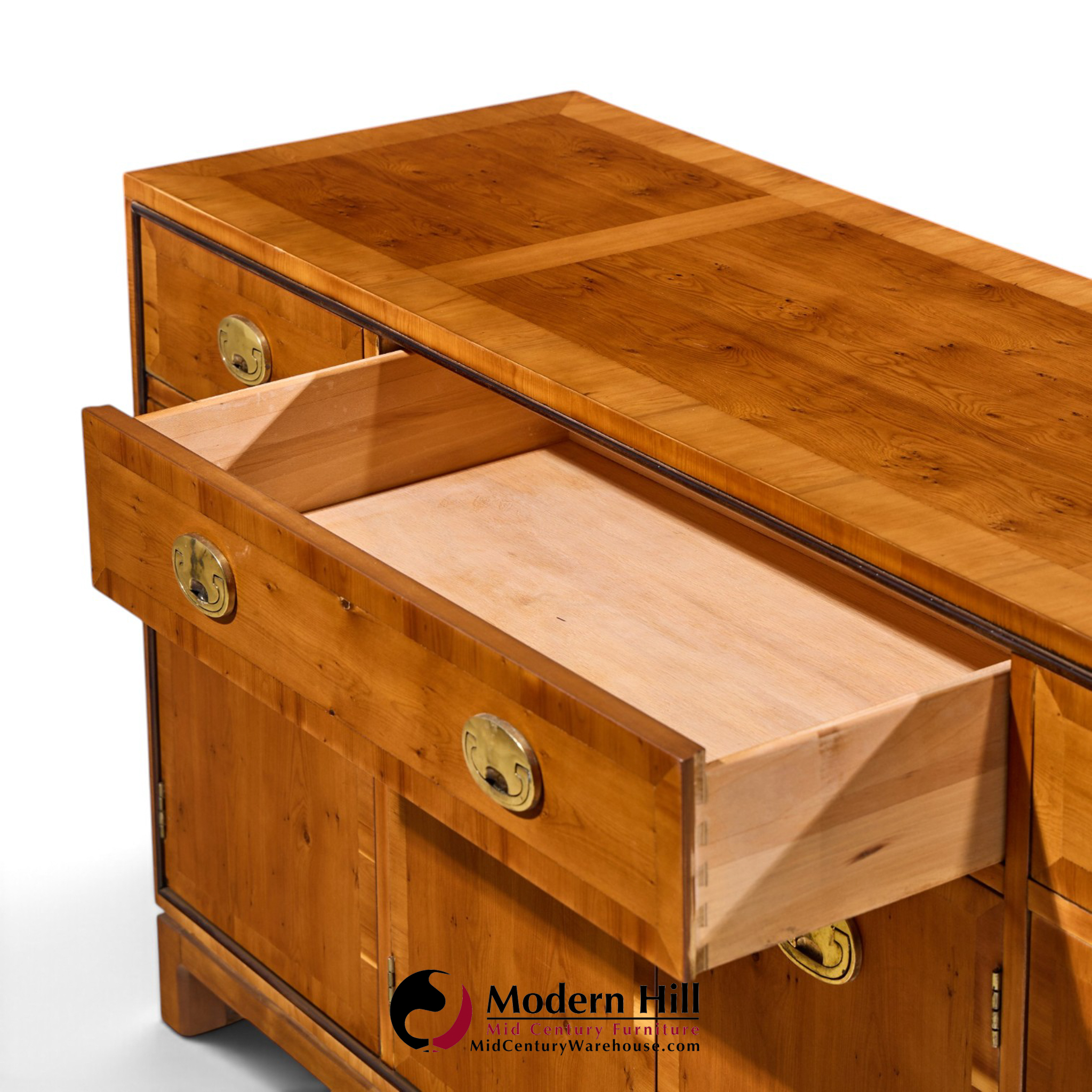 hickory manufacturing mid century walnut and brass campaign credenza