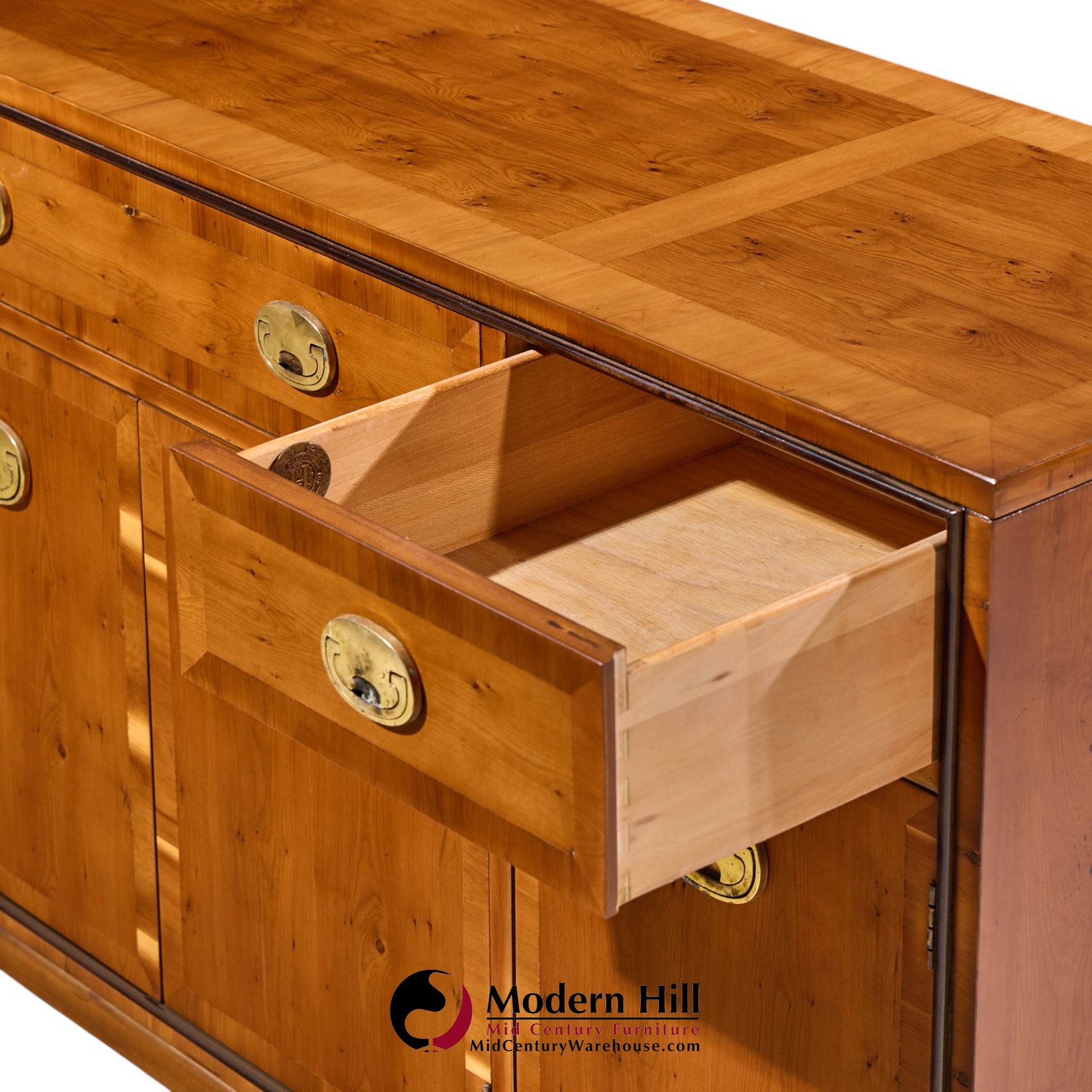 hickory manufacturing mid century walnut and brass campaign credenza