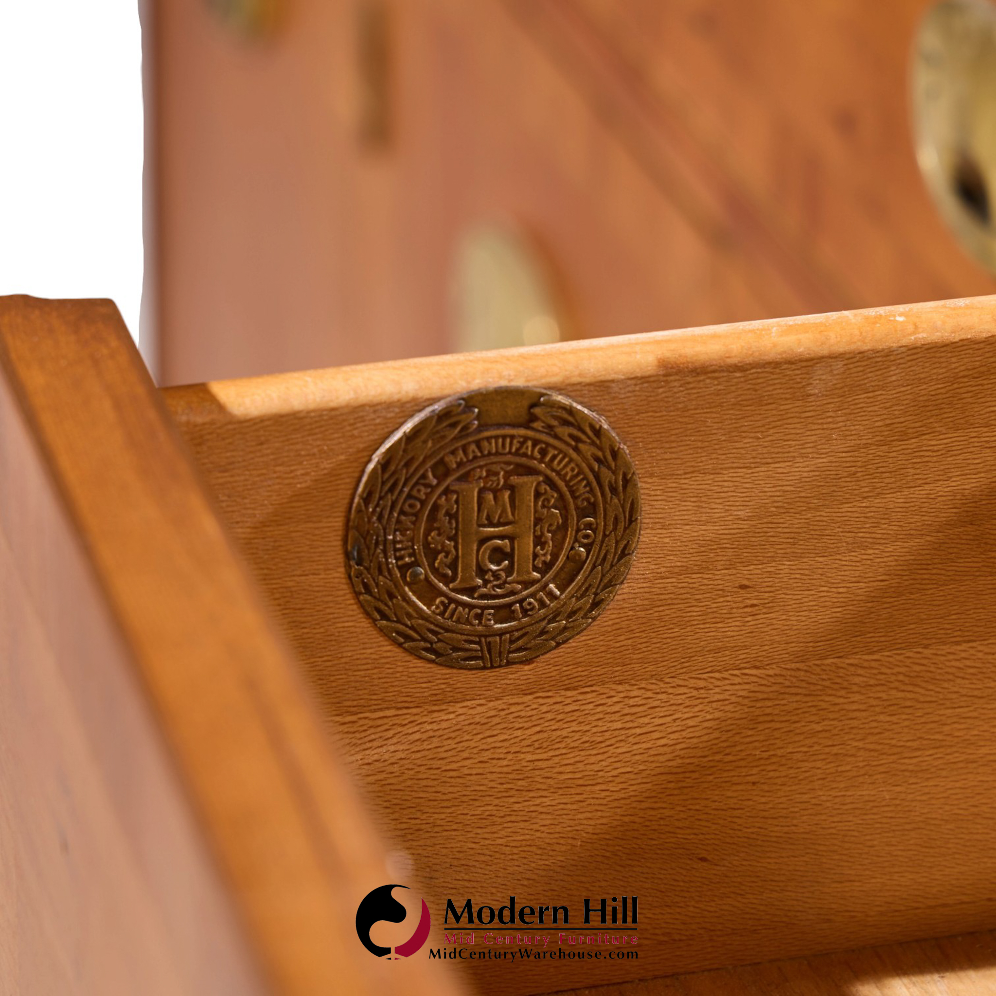 hickory manufacturing mid century walnut and brass campaign credenza