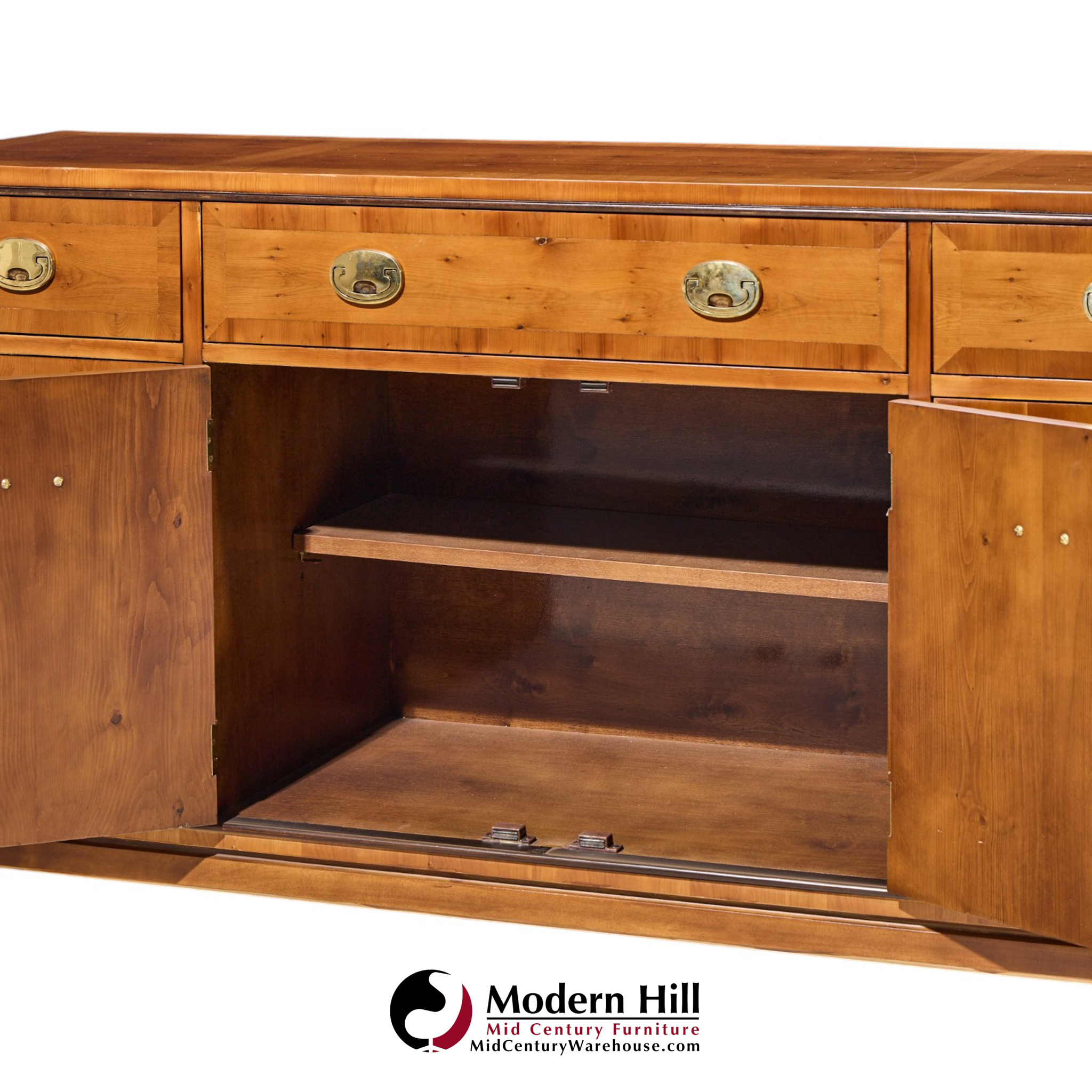 hickory manufacturing mid century walnut and brass campaign credenza