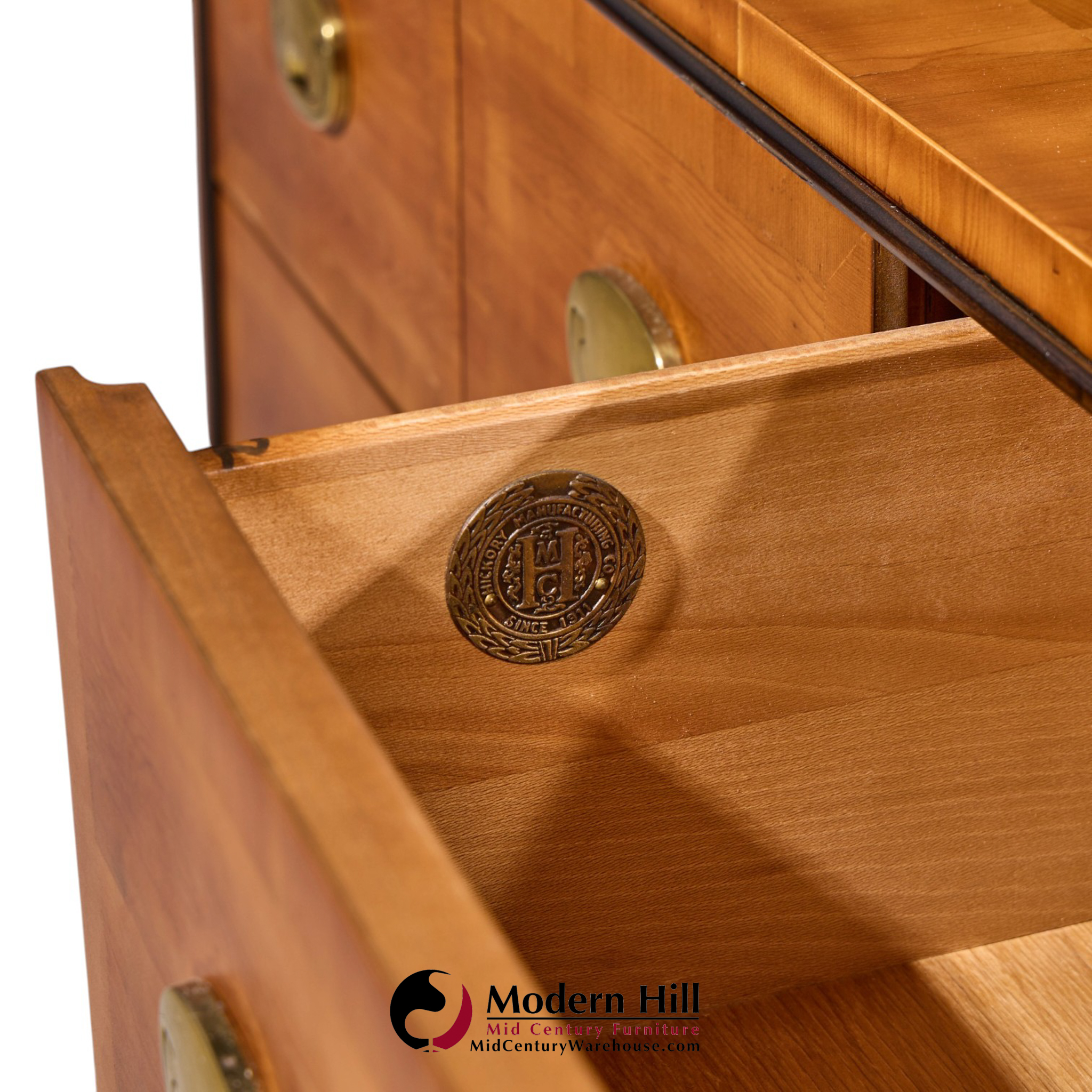 hickory manufacturing mid century walnut and brass campaign dresser
