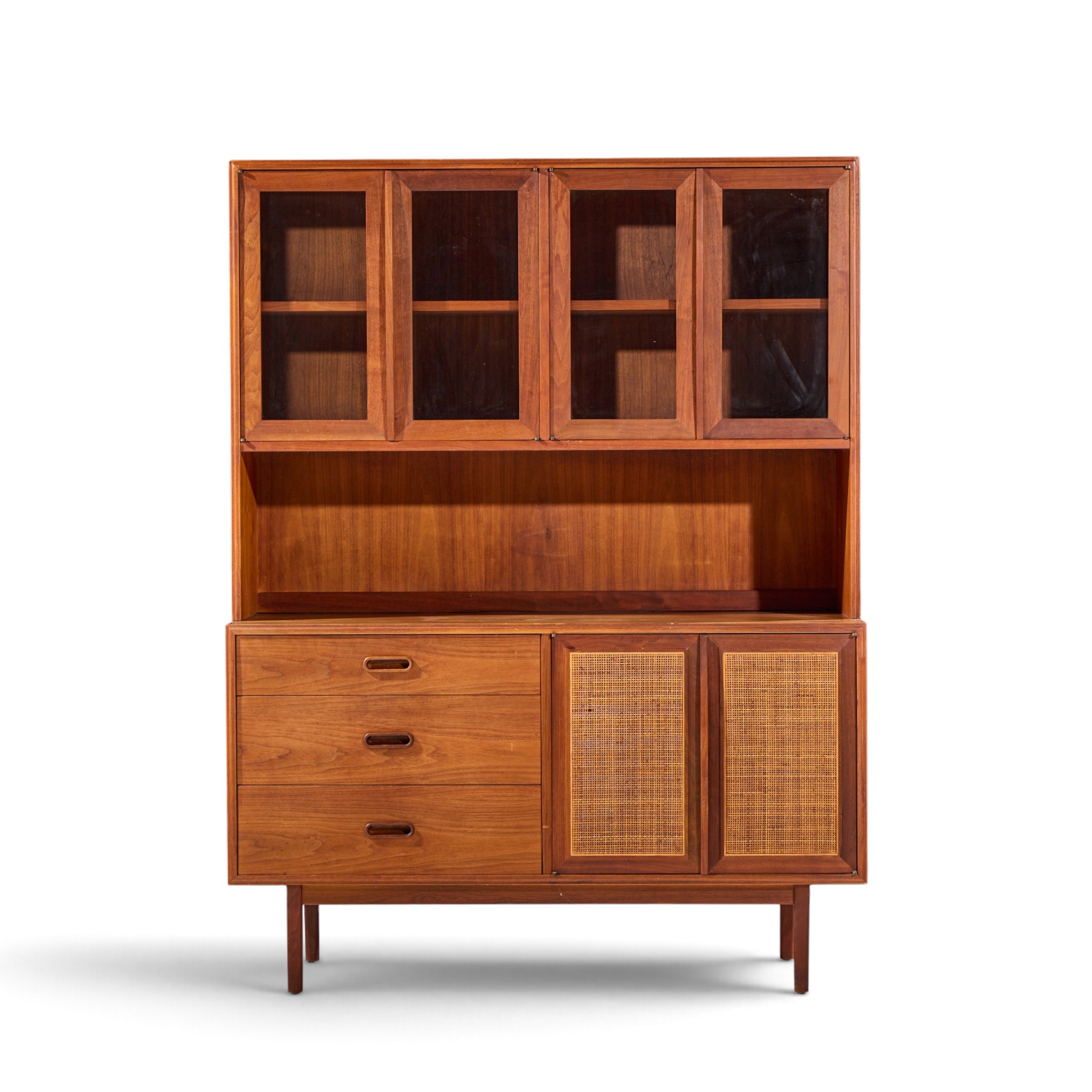jack cartwright for founders mid century walnut and cane credenza with hutch