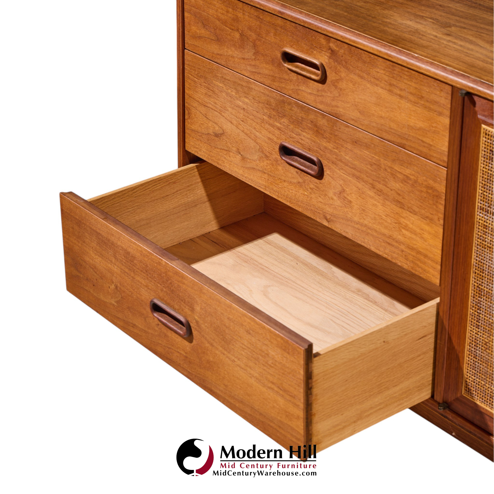 jack cartwright for founders mid century walnut and cane credenza with hutch
