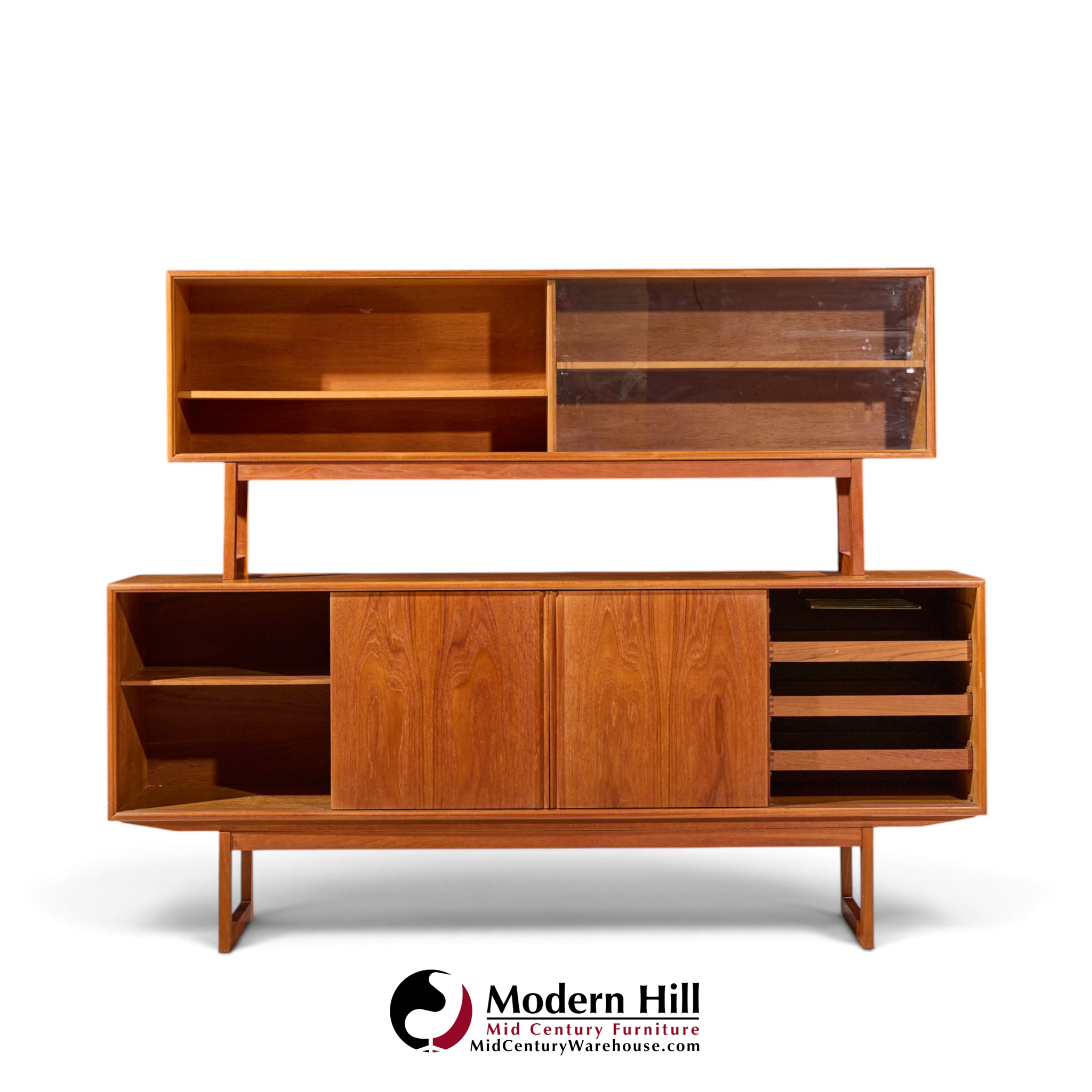 kurt Østervig style mid century danish teak sliding door credenza and hutch