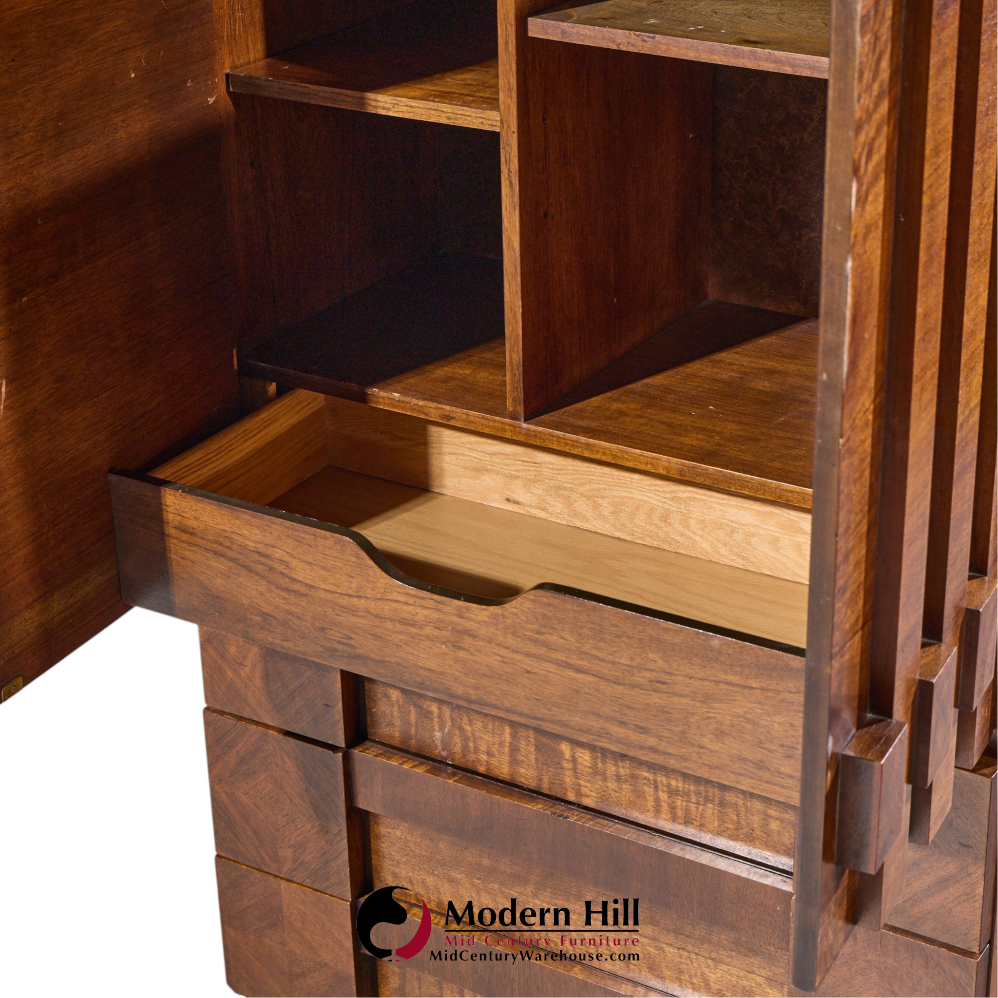 lane staccato brutalist mid century walnut armoire highboy dresser