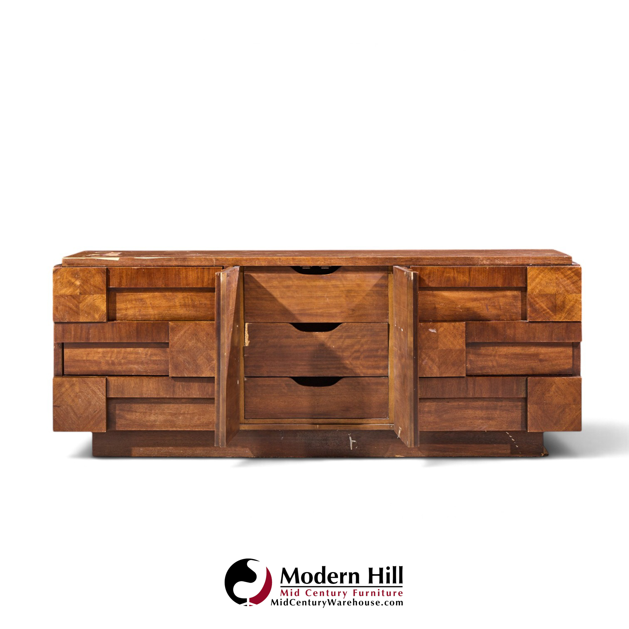 lane staccato mid century walnut brutalist lowboy dresser