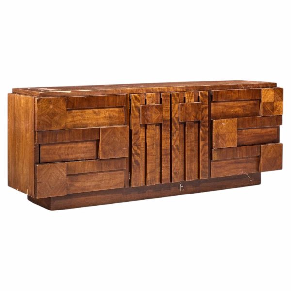 lane staccato mid century walnut brutalist lowboy dresser
