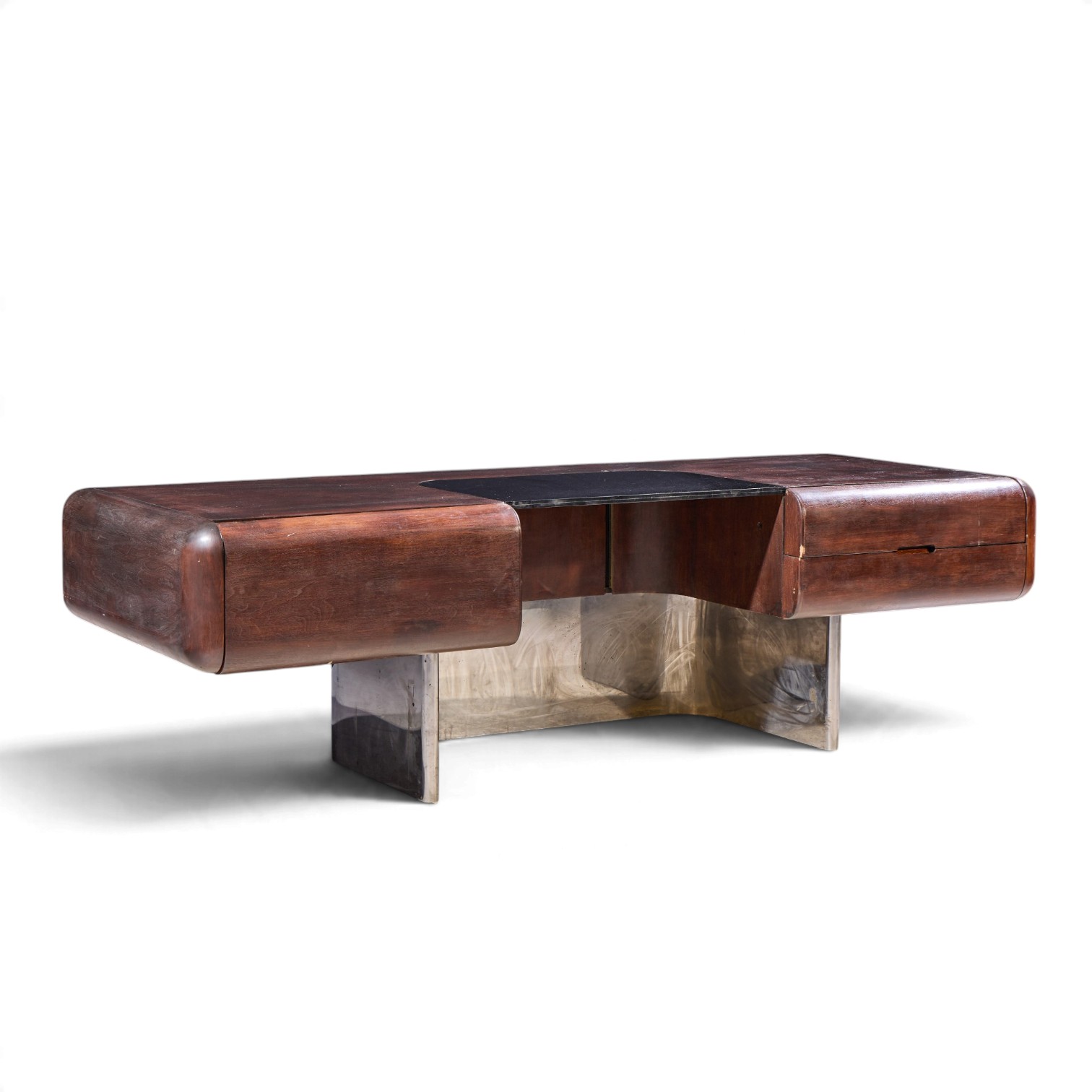 m.f. harty for stow & davis mid century walnut, chrome and glass executive desk
