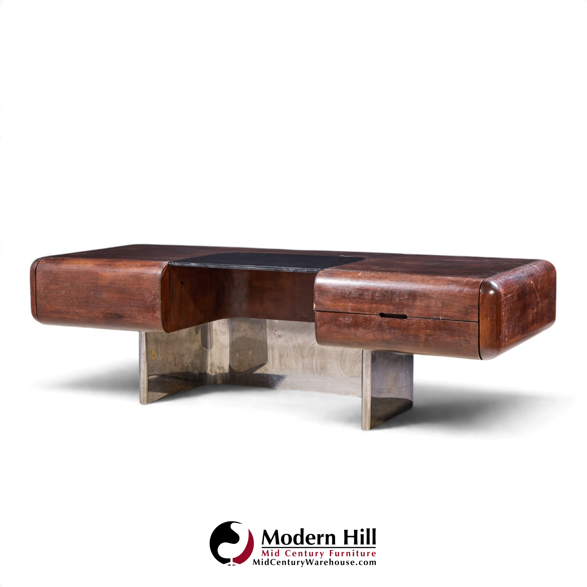 m.f. harty for stow & davis mid century walnut, chrome and glass executive desk