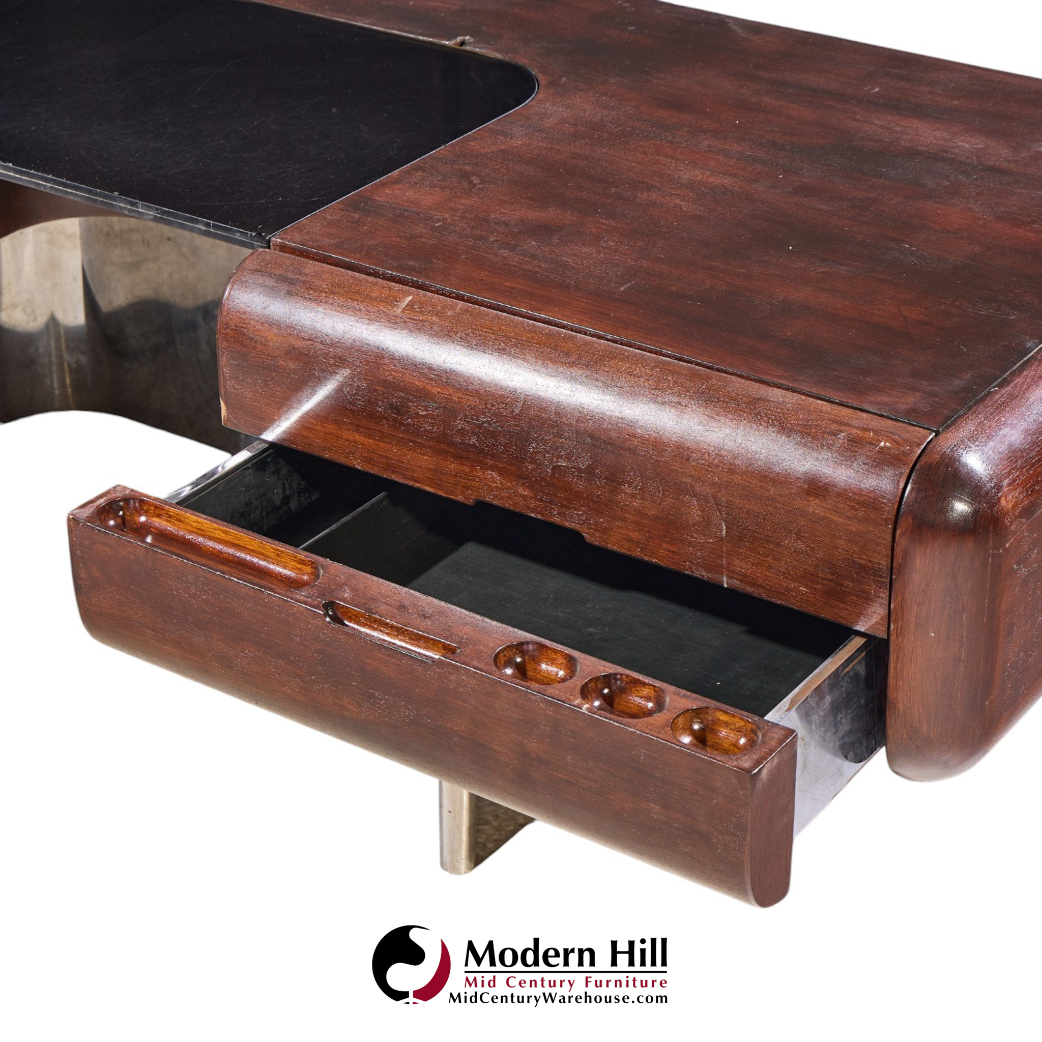 m.f. harty for stow & davis mid century walnut, chrome and glass executive desk