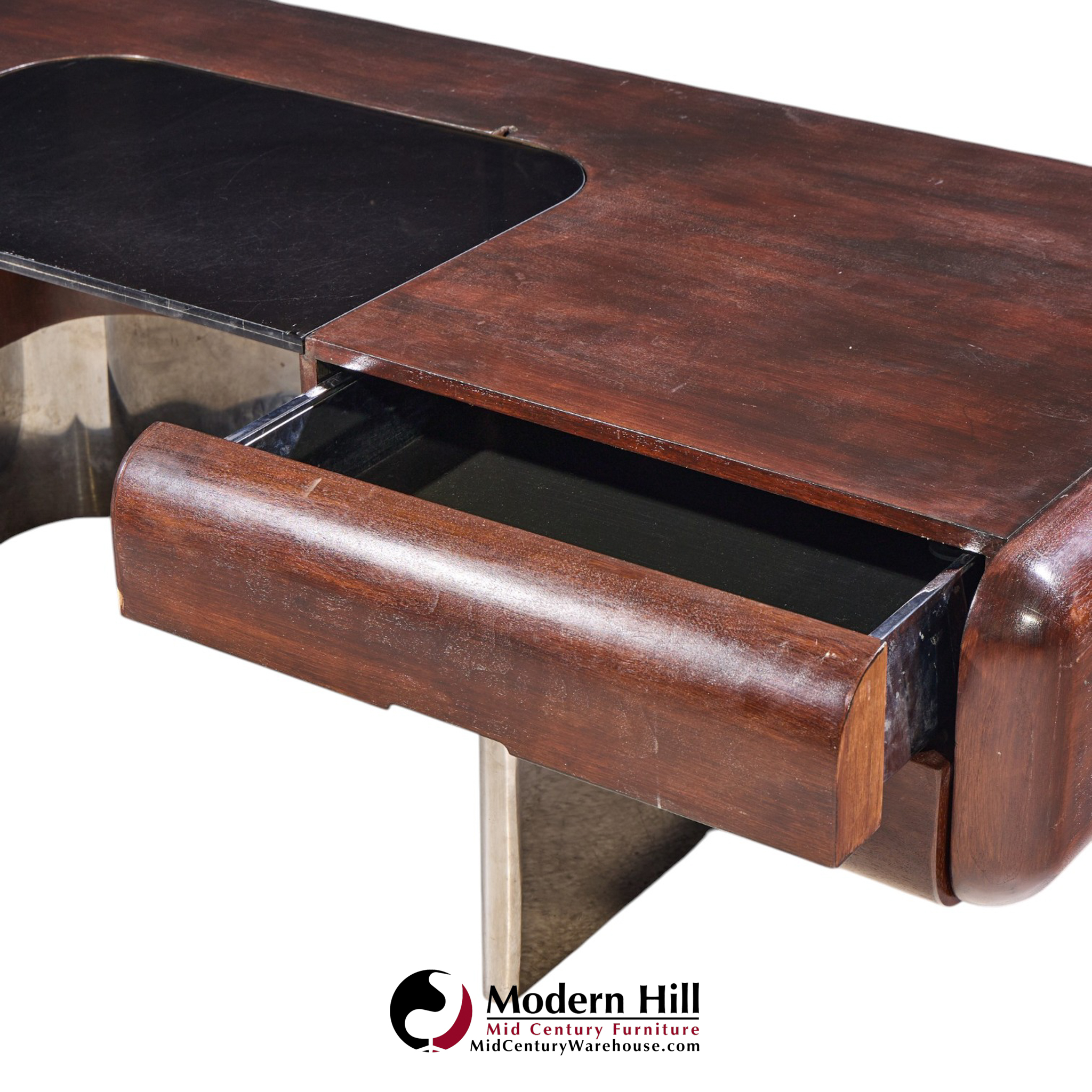 m.f. harty for stow & davis mid century walnut, chrome and glass executive desk