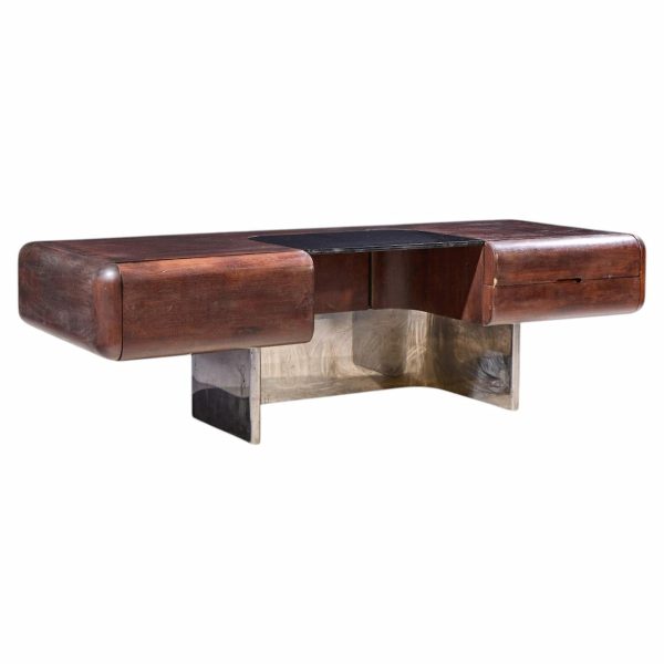 m.f. harty for stow & davis mid century walnut, chrome and glass executive desk