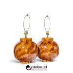 mid century orange drip glaze table lamp - pair